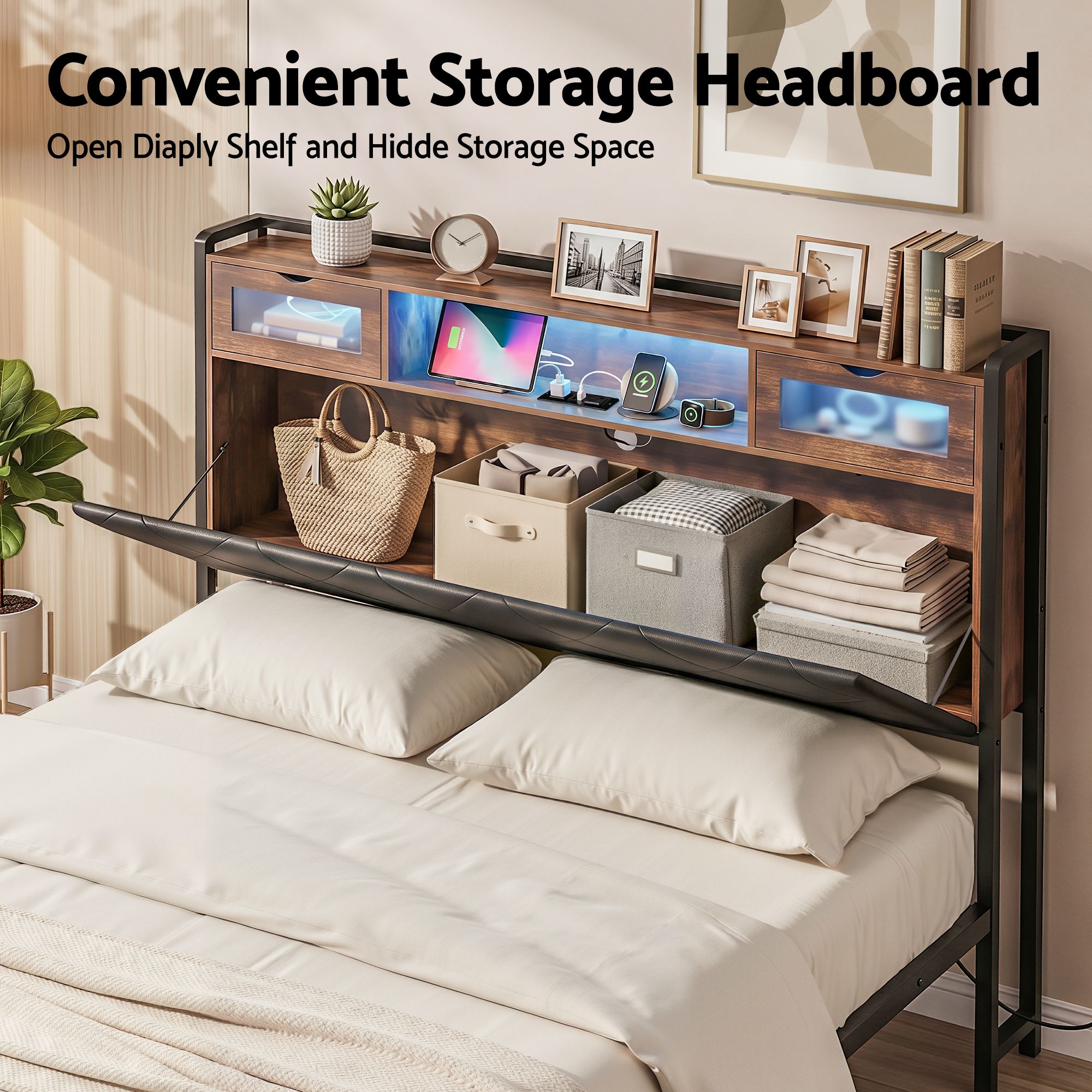 Artiss Queen Bed Frame with LED Lights and Storage Headboard Charging Station - Image 5