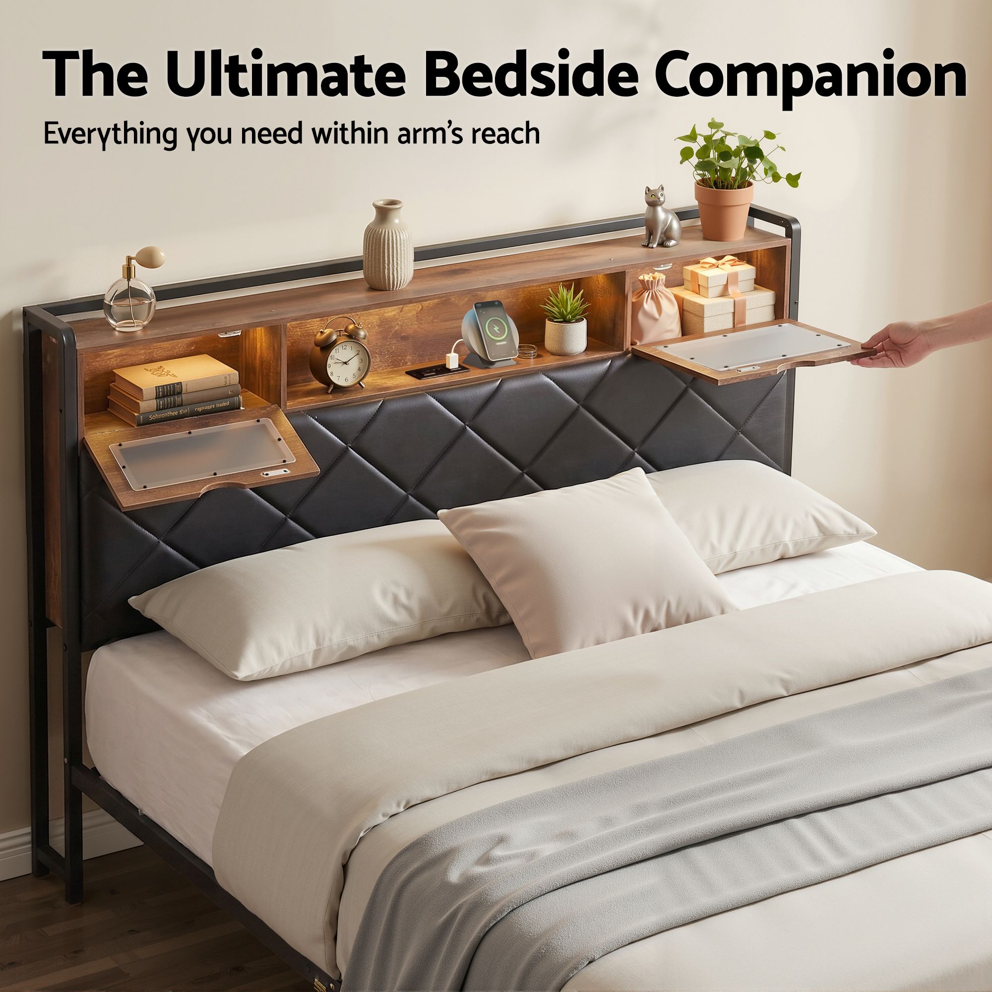 Artiss Queen Bed Frame with LED Lights and Storage Headboard Charging Station - Image 6