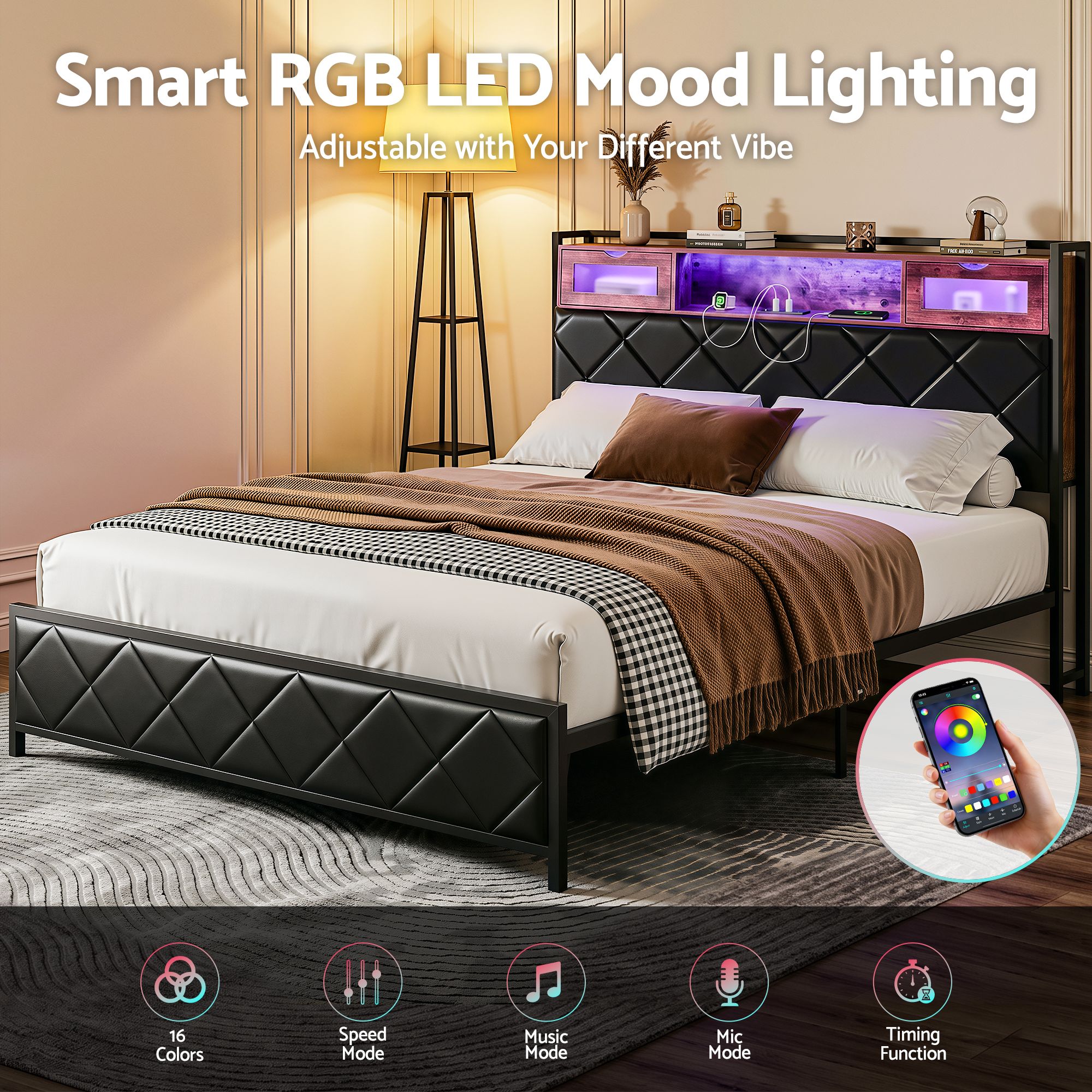 Artiss Queen Bed Frame with LED Lights and Storage Headboard Charging Station - Image 7