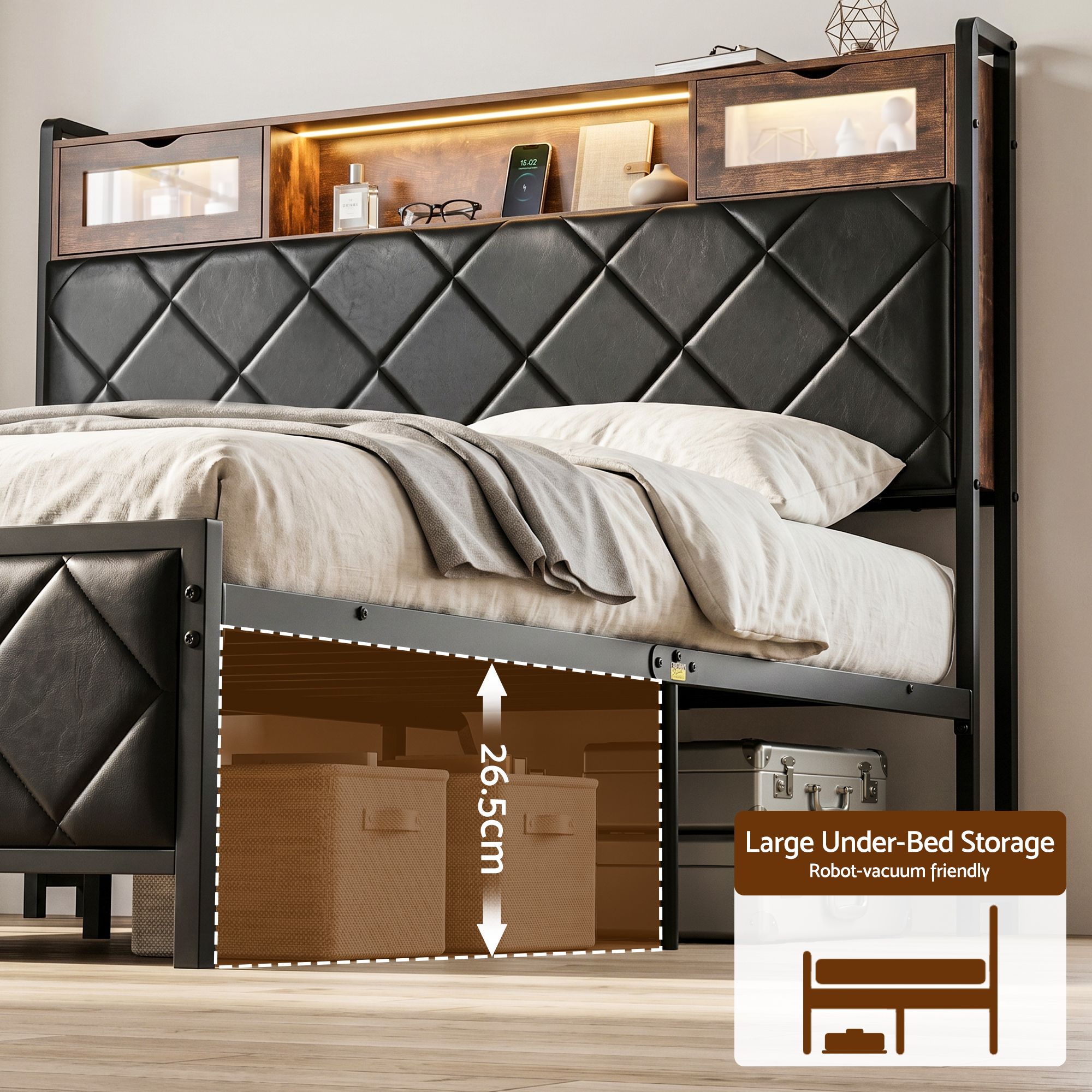 Artiss Queen Bed Frame with LED Lights and Storage Headboard Charging Station - Image 8