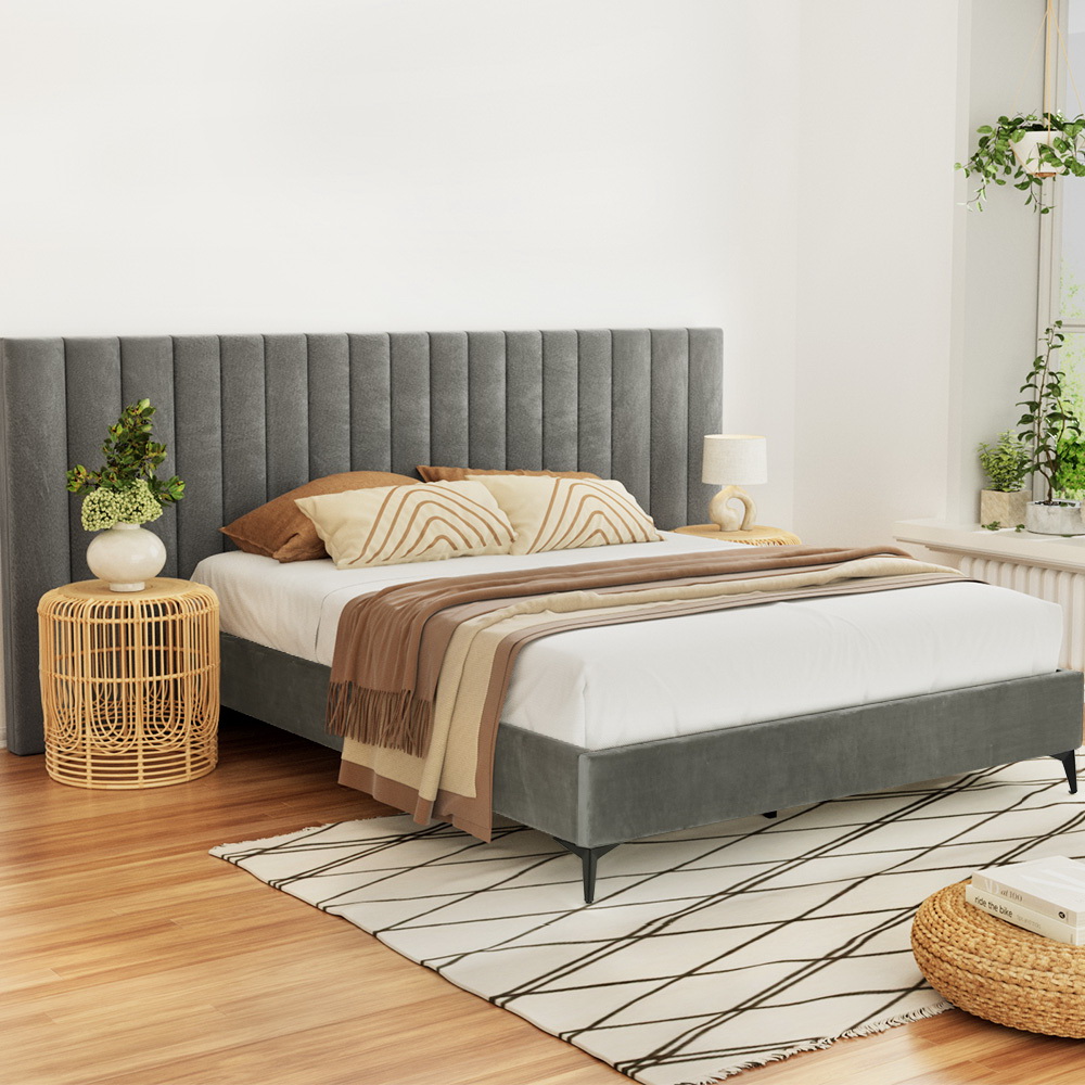 Artiss Bed Frame Queen Size Velvet Grey LOTT - Image 1