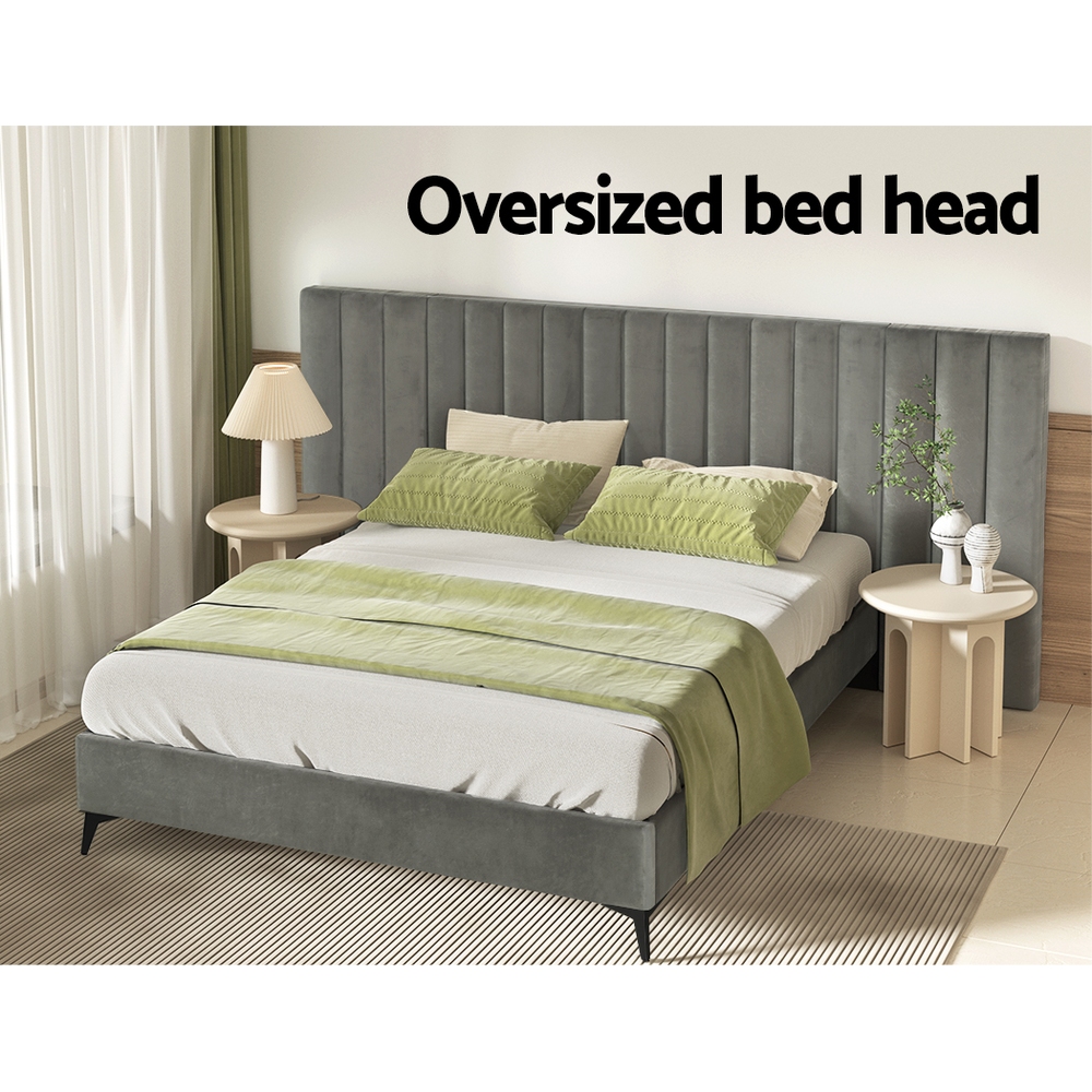 Artiss Bed Frame Queen Size Velvet Grey LOTT - Image 4