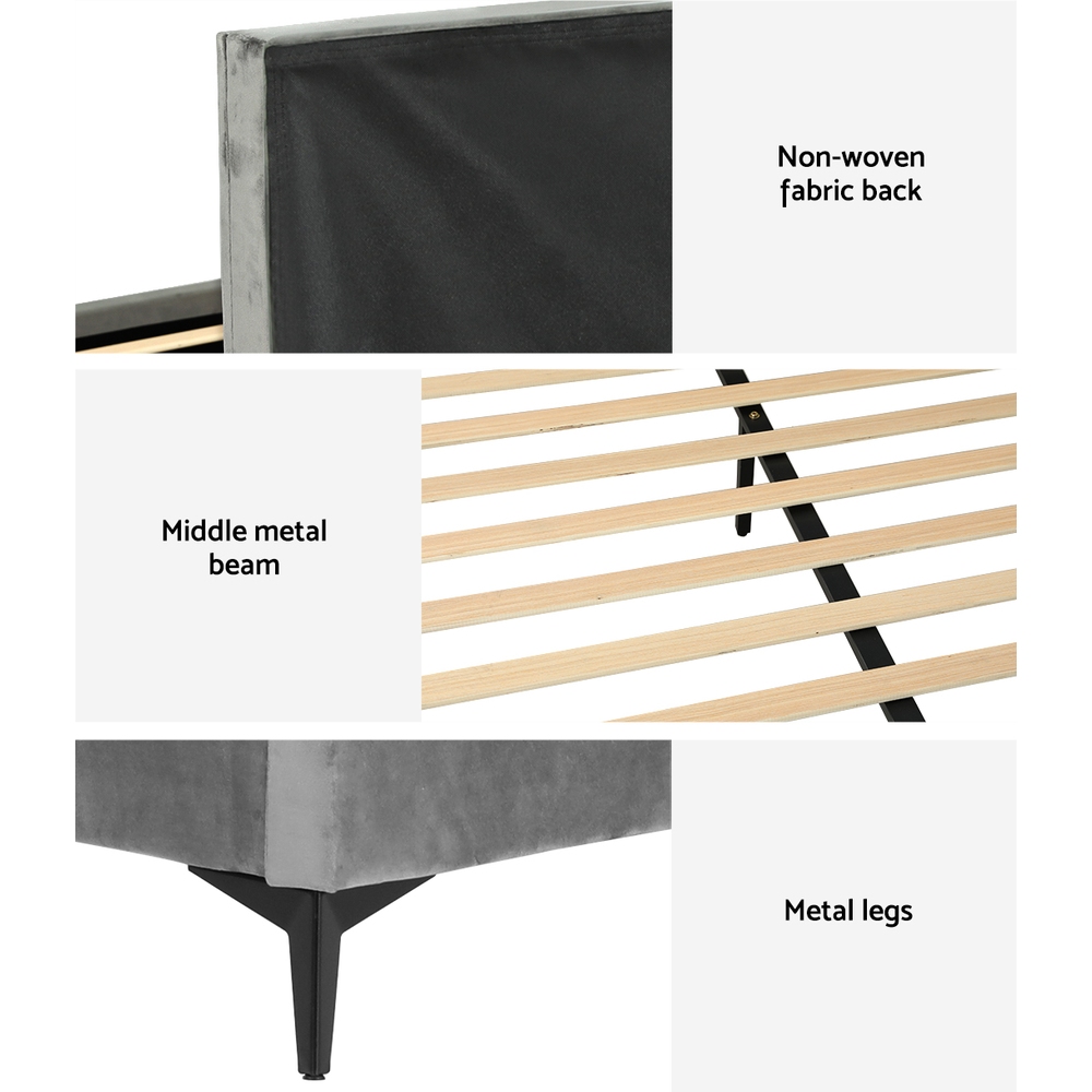 Artiss Bed Frame Queen Size Velvet Grey LOTT - Image 6