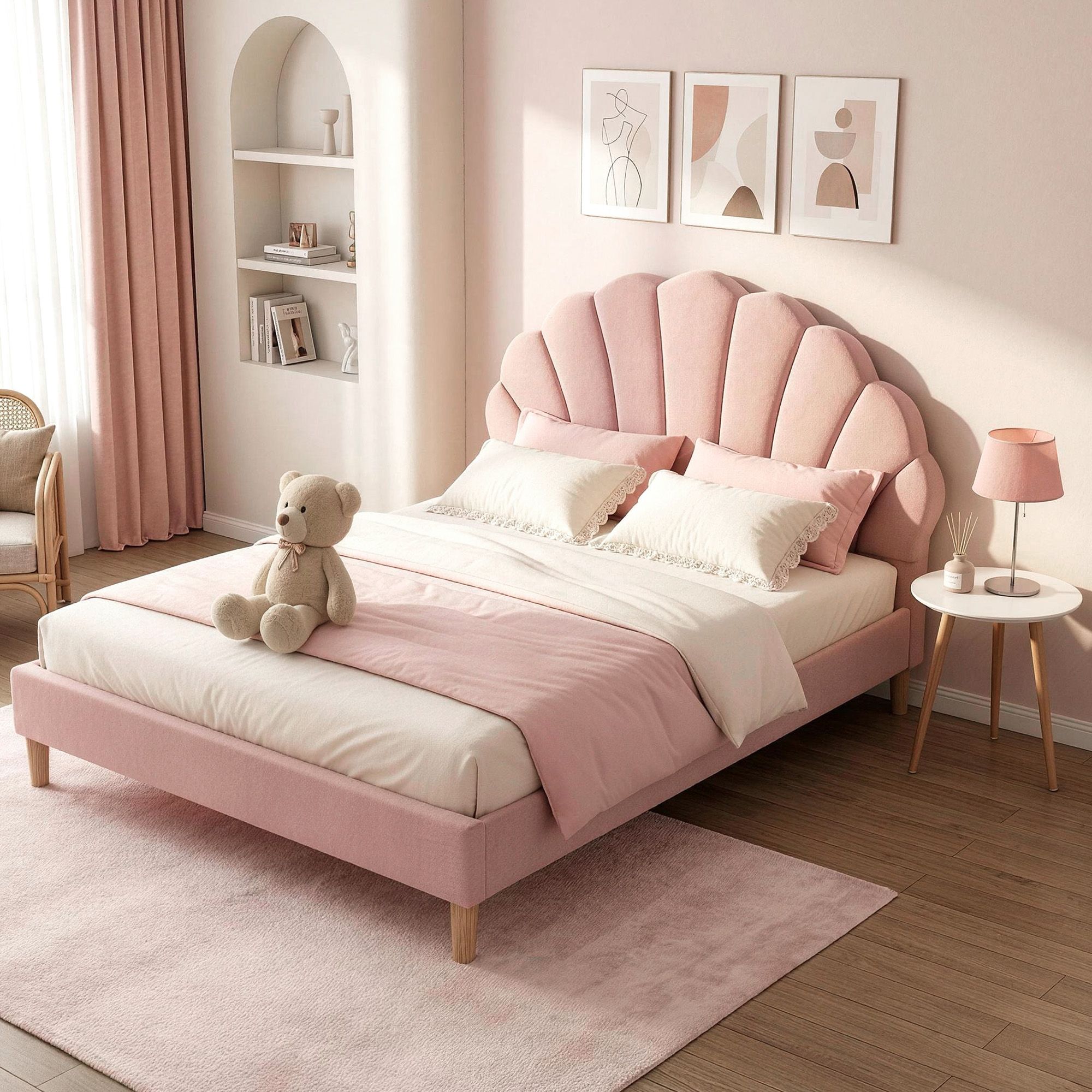 Artiss Double Bed Frame and Round Coffee Table Set Pink Velvet Bedhead with Wooden Side Table - Image 1