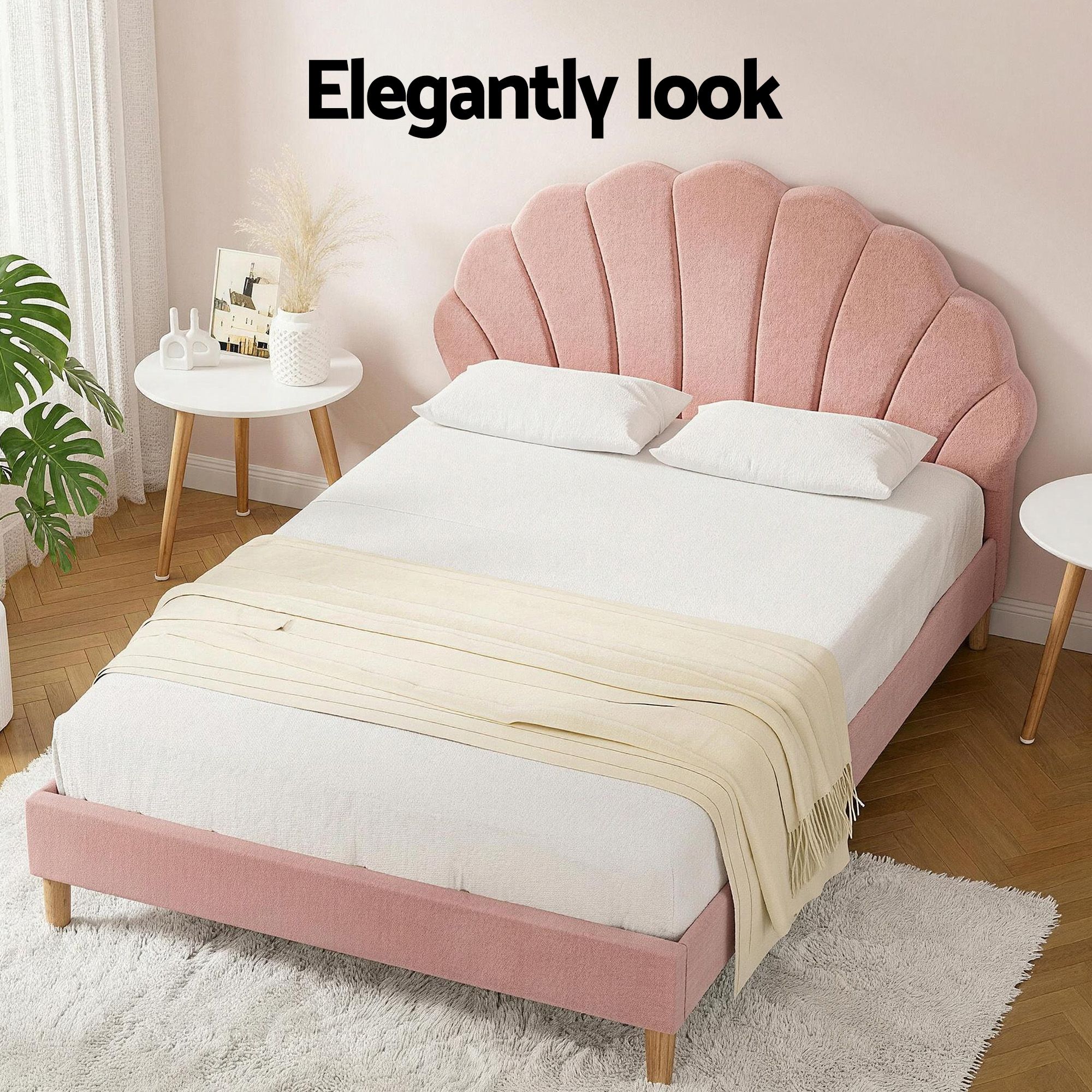 Artiss Double Bed Frame and Round Coffee Table Set Pink Velvet Bedhead with Wooden Side Table - Image 5