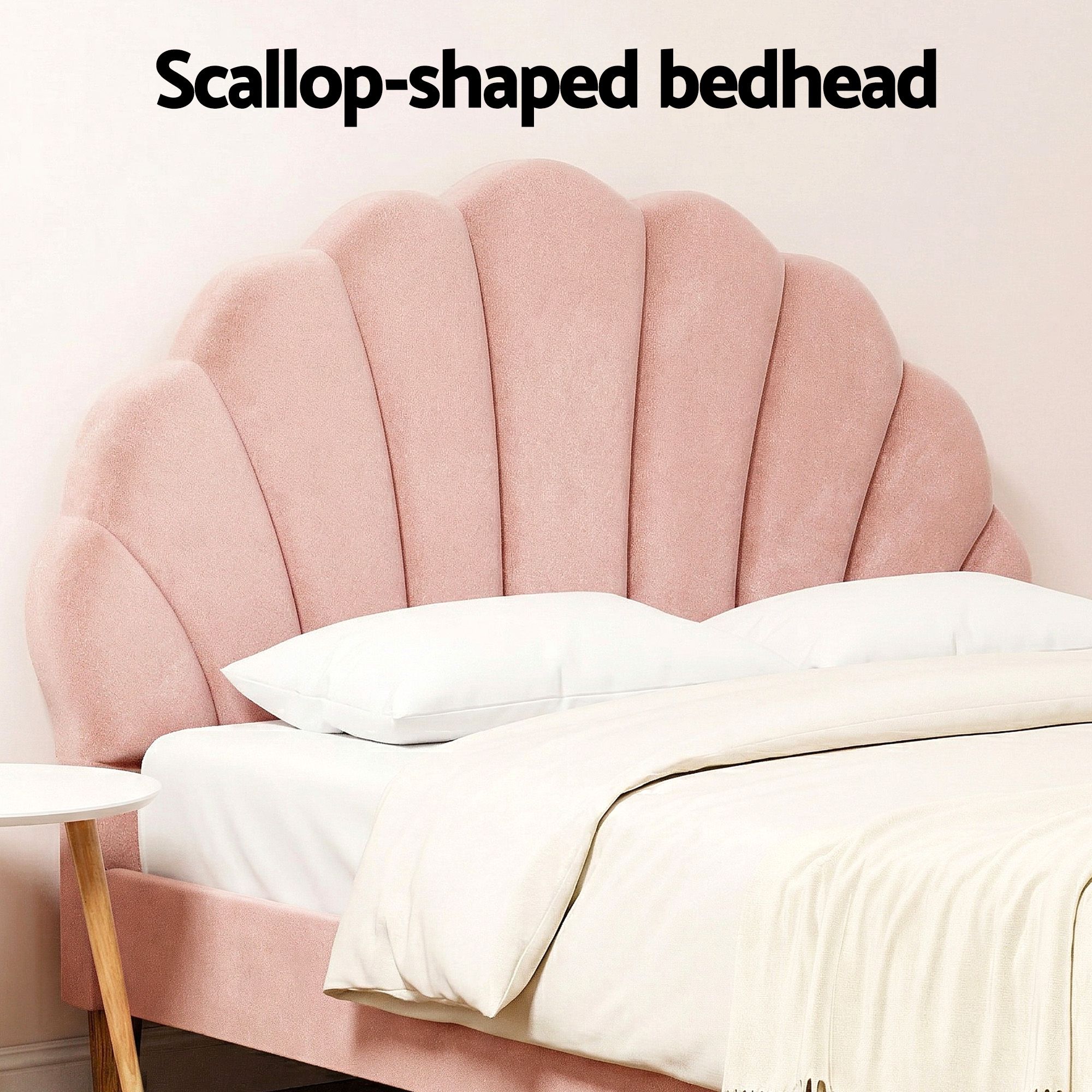 Artiss Double Bed Frame and Round Coffee Table Set Pink Velvet Bedhead with Wooden Side Table - Image 6