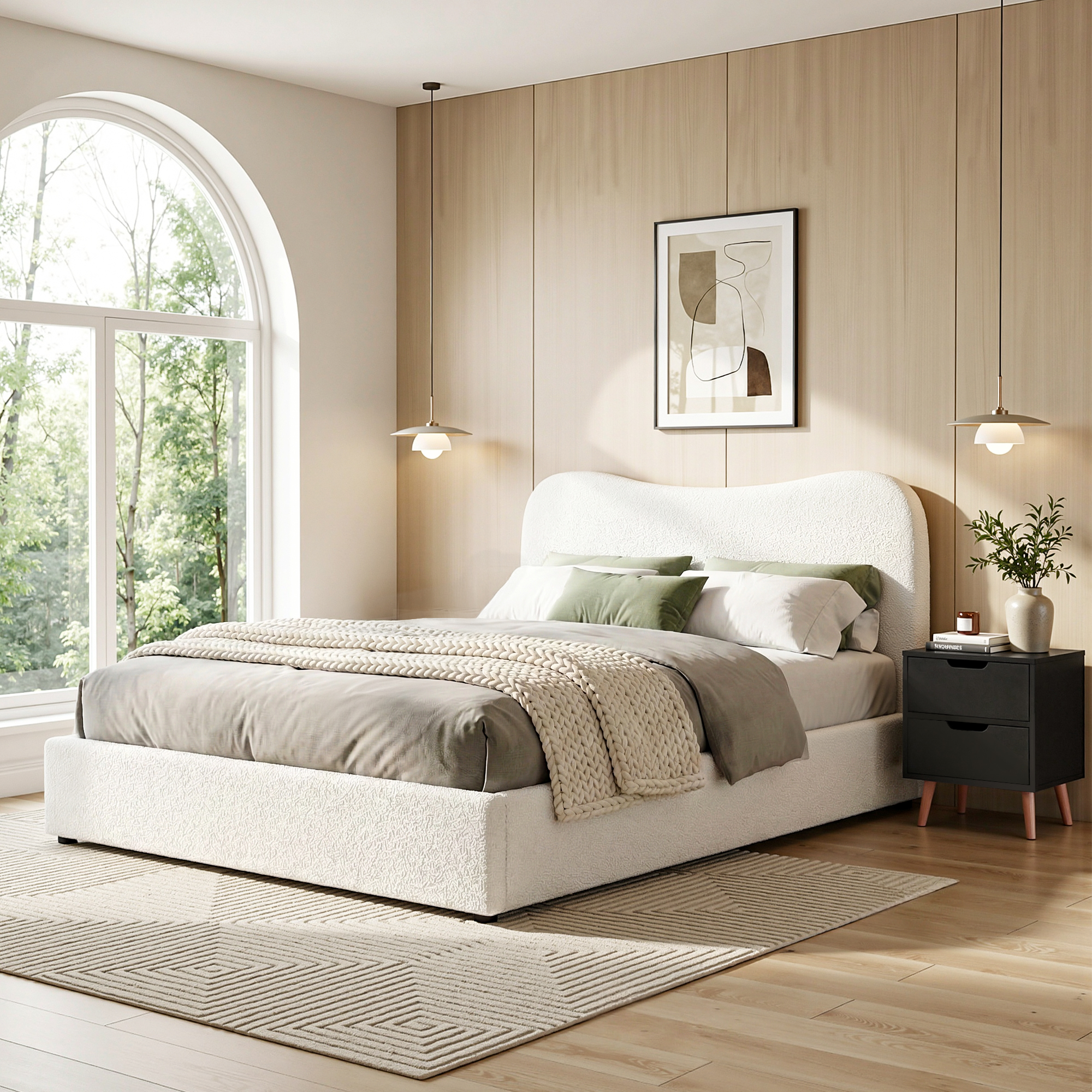 Artiss Double Bed Frame and Bedside Table Set Boucle Beige with Headboard Black Nightstand - Image 1