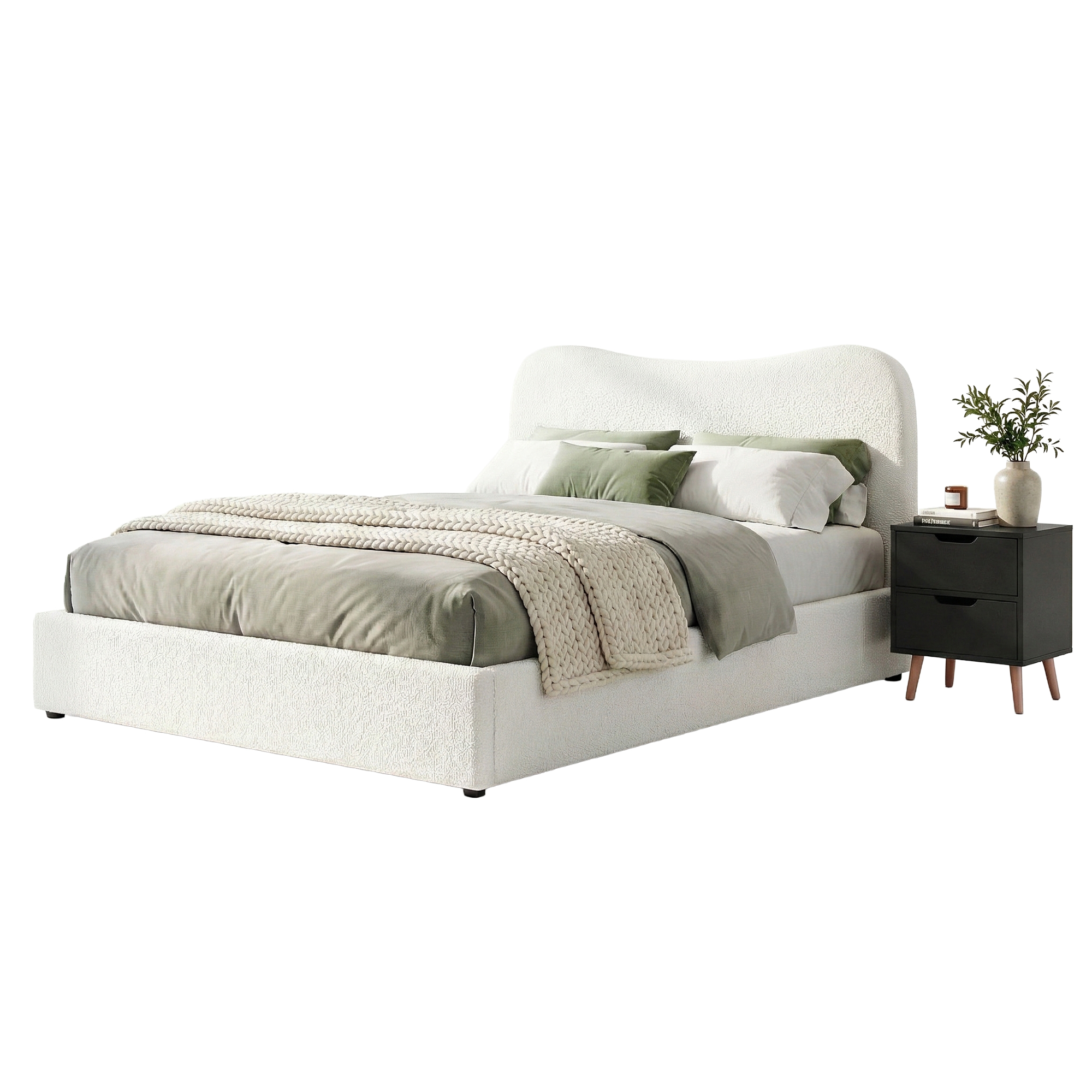 Artiss Double Bed Frame and Bedside Table Set Boucle Beige with Headboard Black Nightstand - Image 8