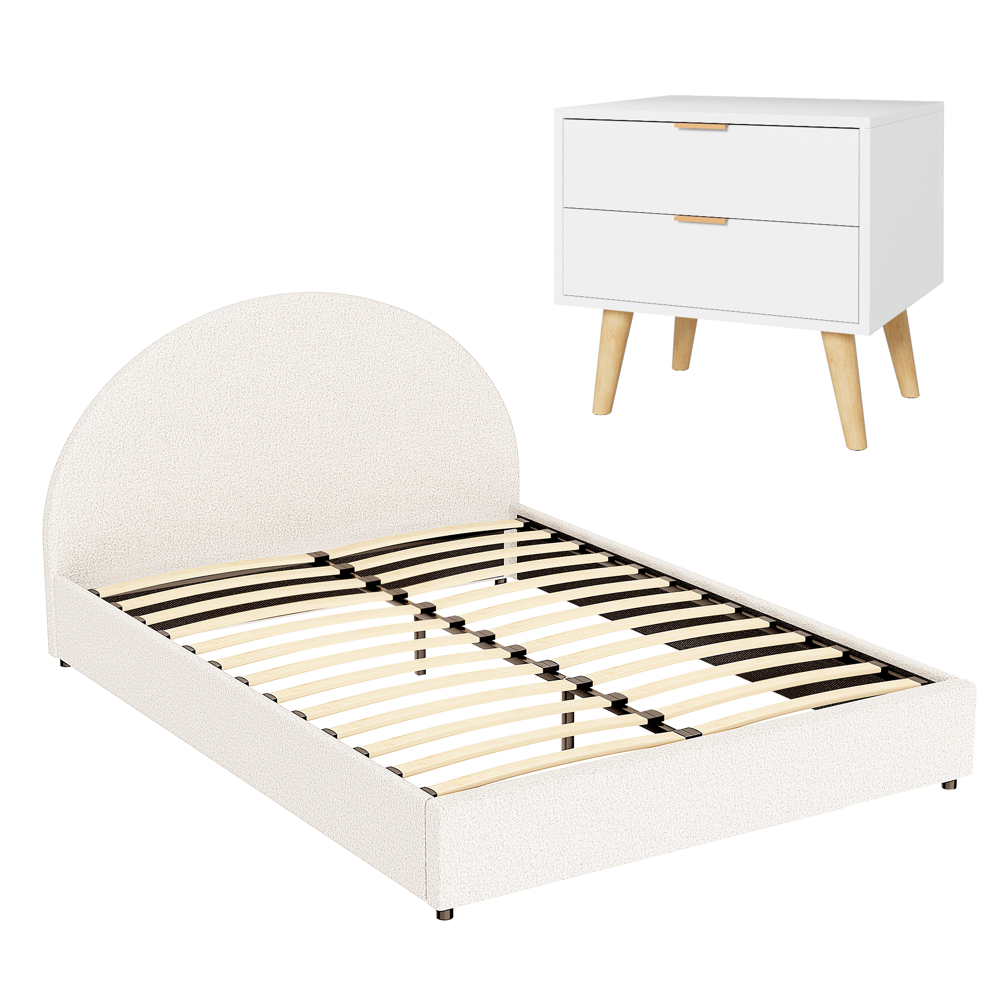 Artiss Queen Bed Frame Bedside Table Set Gas Lift Storage Base with Boucle Fabric Upholstered Headboard 2 Drawer Nightstand for Bedroom Furniture - Image 1