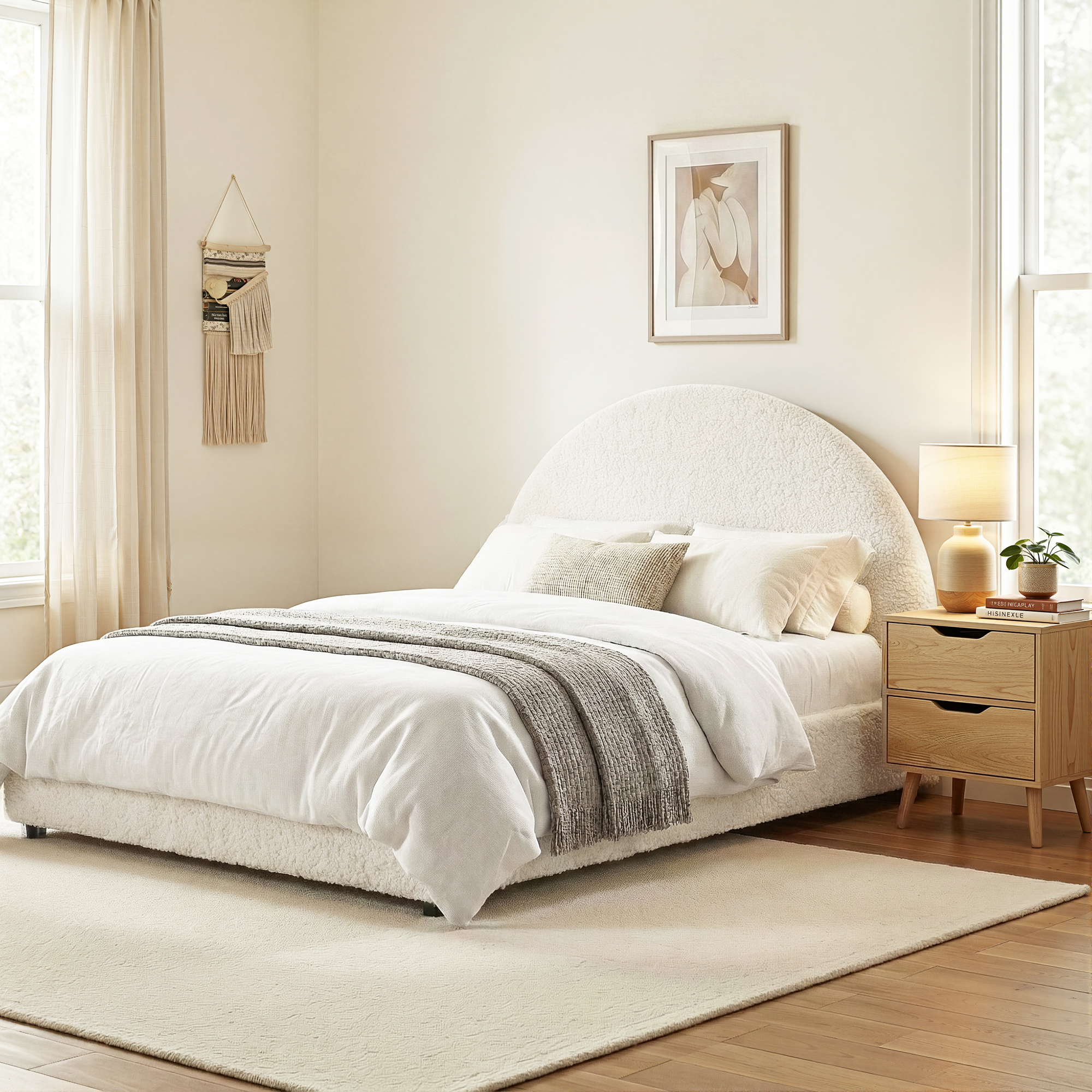 Artiss Gas Lift Queen Bed Frame with Bedside Table Set Boucle Fabric Upholstered Platform Bed Nightstand - Image 1