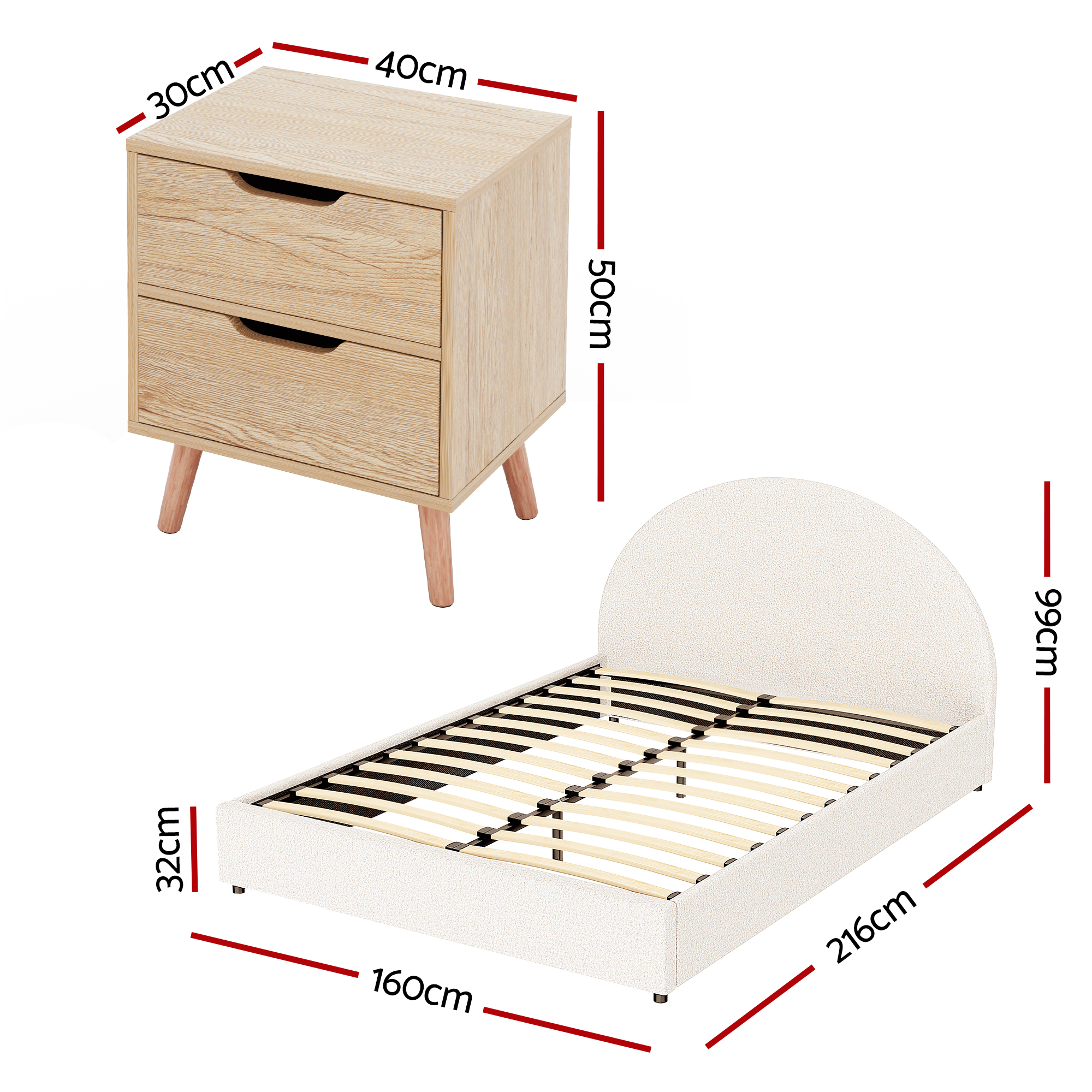 Artiss Gas Lift Queen Bed Frame with Bedside Table Set Boucle Fabric Upholstered Platform Bed Nightstand - Image 2