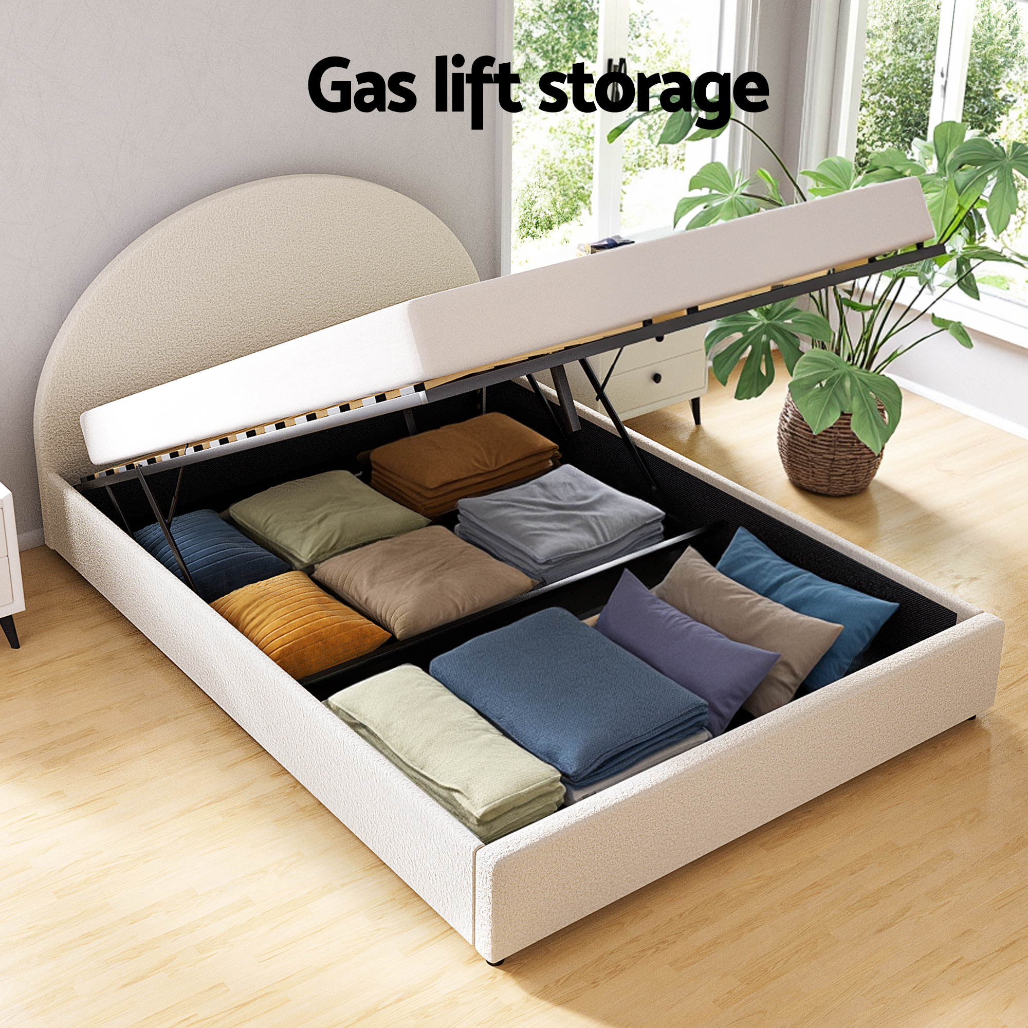 Artiss Gas Lift Queen Bed Frame with Bedside Table Set Boucle Fabric Upholstered Platform Bed Nightstand - Image 5