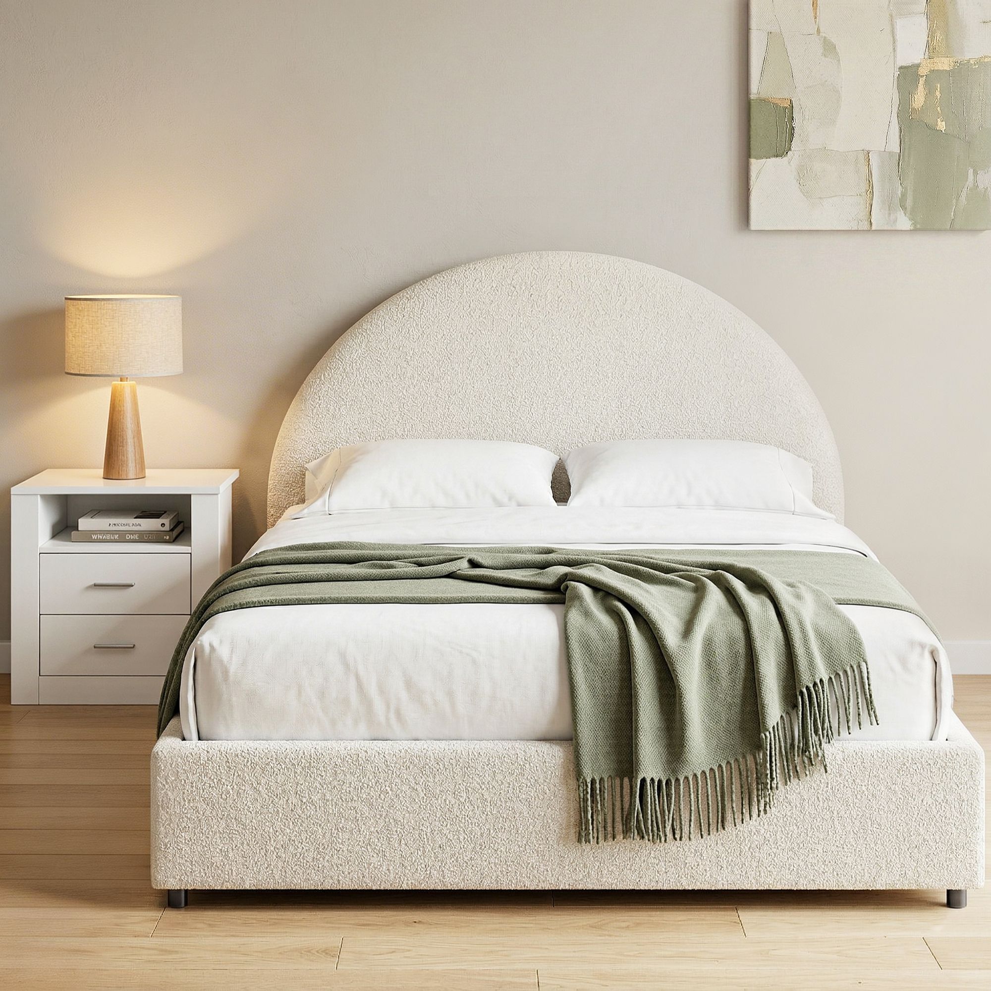 Artiss Queen Bed Frame with Storage and Bedside Table Set Boucle Fabric Gas Lift Bed Base 2-Drawer Nightstand - Image 1