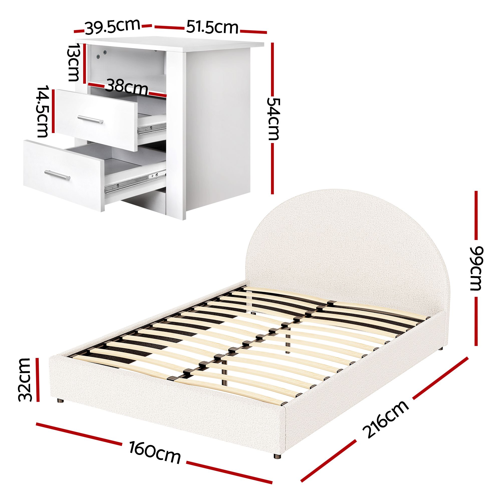 Artiss Queen Bed Frame with Storage and Bedside Table Set Boucle Fabric Gas Lift Bed Base 2-Drawer Nightstand - Image 3