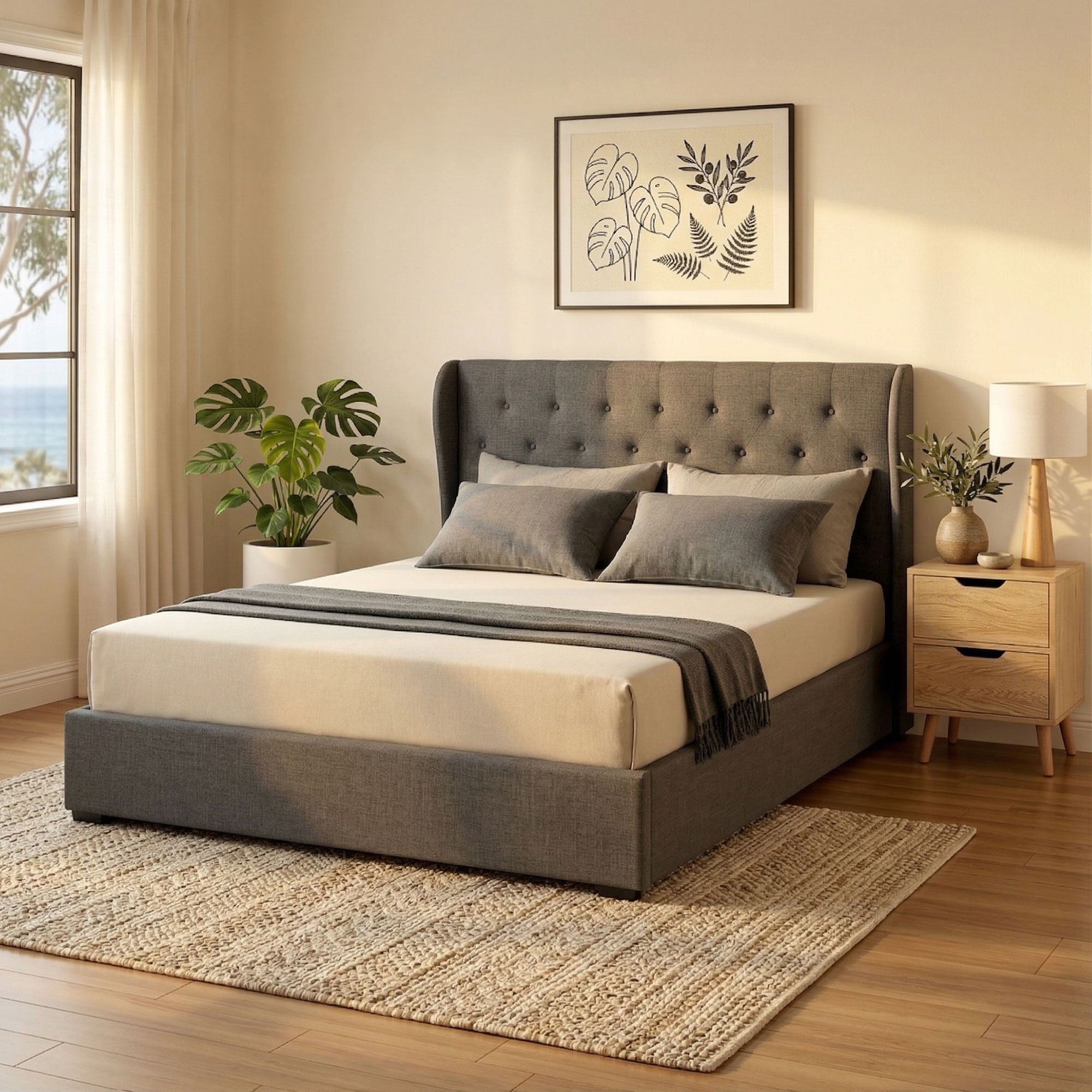 Artiss Gas Lift Queen Bed Frame and Bedside Table Set 2 Drawer Nightstand Bedroom Furniture Bundle - Image 1