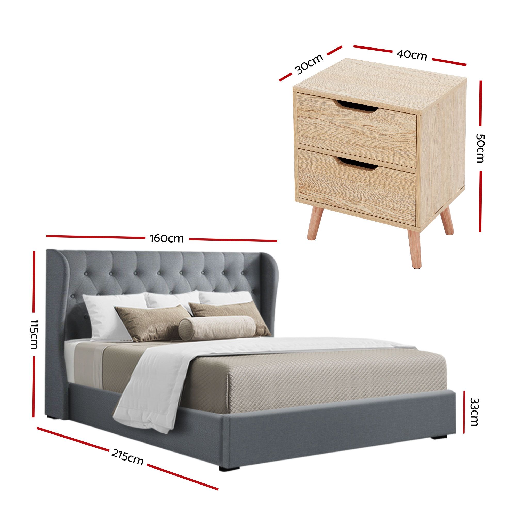Artiss Gas Lift Queen Bed Frame and Bedside Table Set 2 Drawer Nightstand Bedroom Furniture Bundle - Image 2