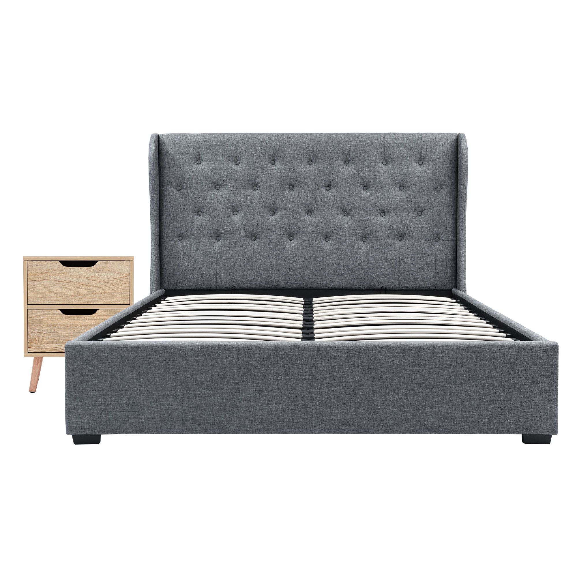 Artiss Gas Lift Queen Bed Frame and Bedside Table Set 2 Drawer Nightstand Bedroom Furniture Bundle - Image 3