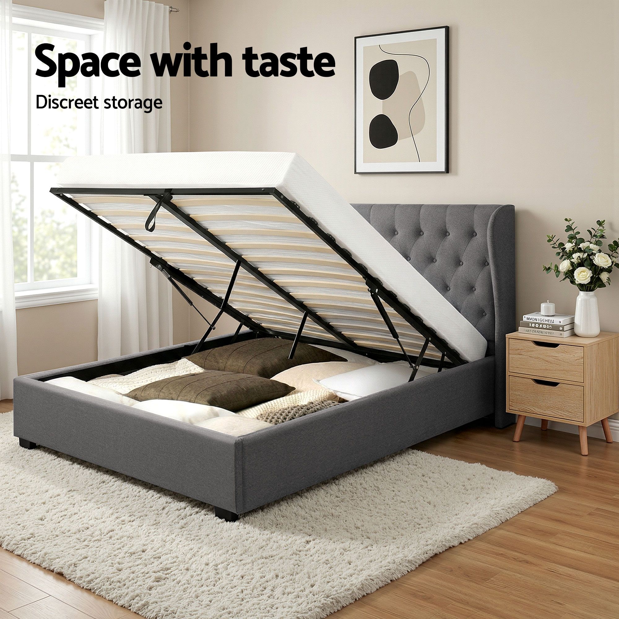 Artiss Gas Lift Queen Bed Frame and Bedside Table Set 2 Drawer Nightstand Bedroom Furniture Bundle - Image 4