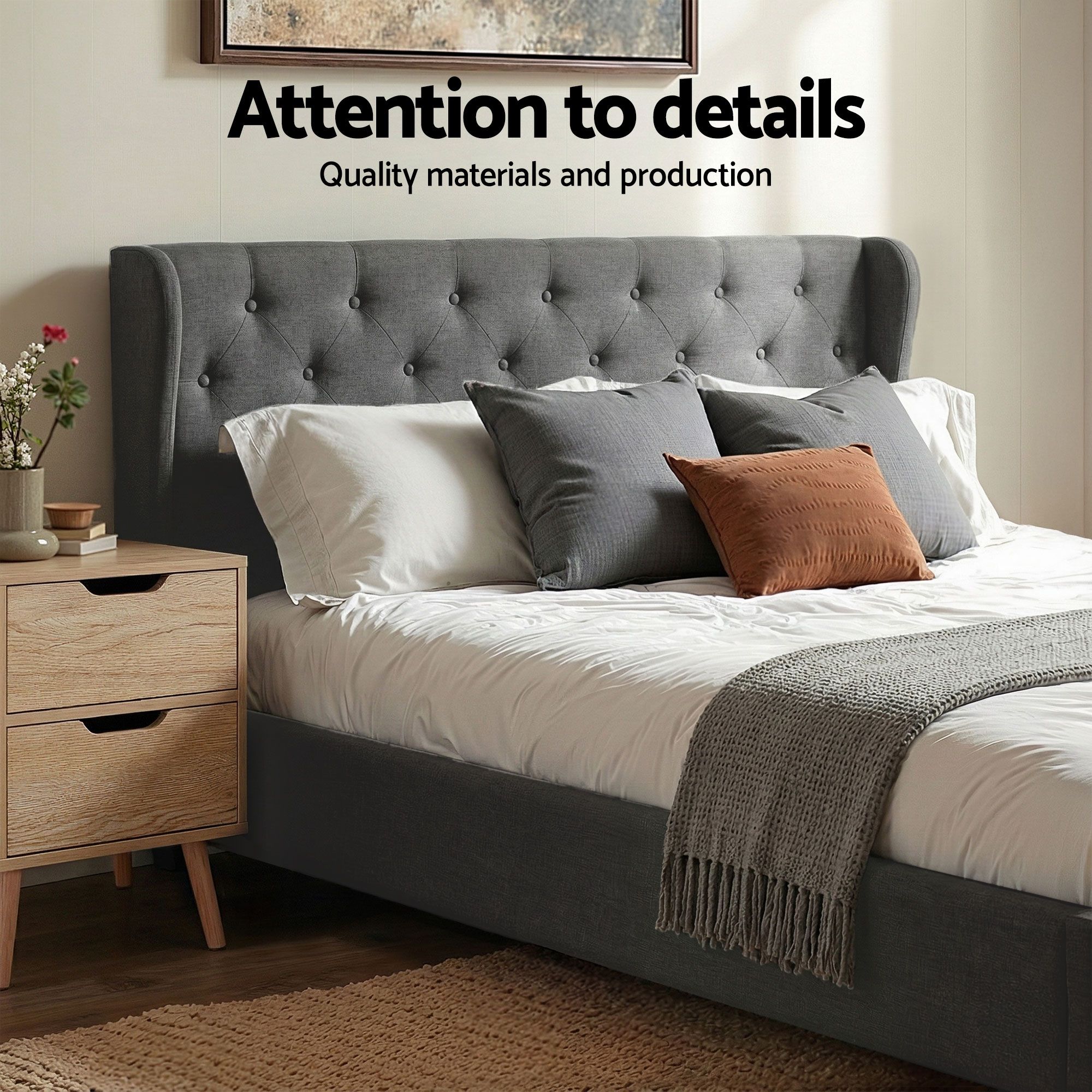 Artiss Gas Lift Queen Bed Frame and Bedside Table Set 2 Drawer Nightstand Bedroom Furniture Bundle - Image 5