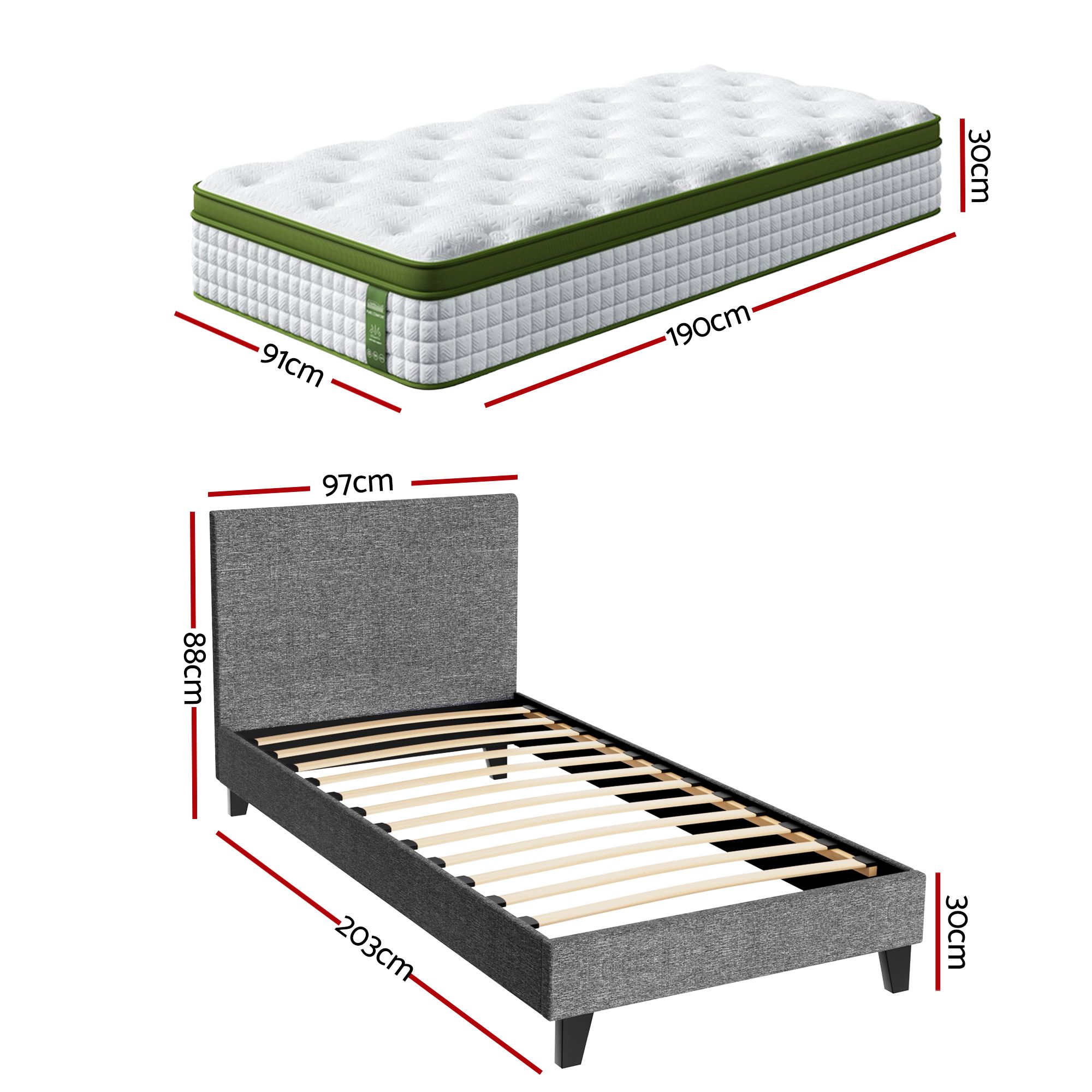 Artiss BedStory Single Bed Frame and Mattress Set, 30cm Hybrid Cooling Gel Mattress with Grey Upholstered Wooden Platform Base, Modern Bedroom Furniture Bundle - Image 3