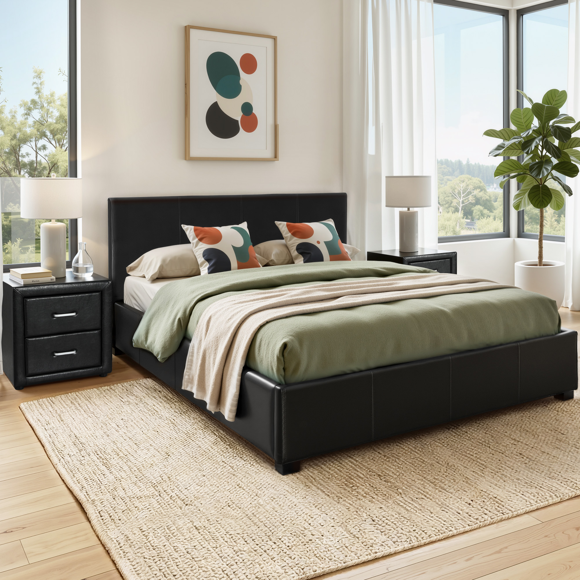 Artiss Gas Lift Queen Bed Frame and Bedside Table Set Leather Black - Image 1
