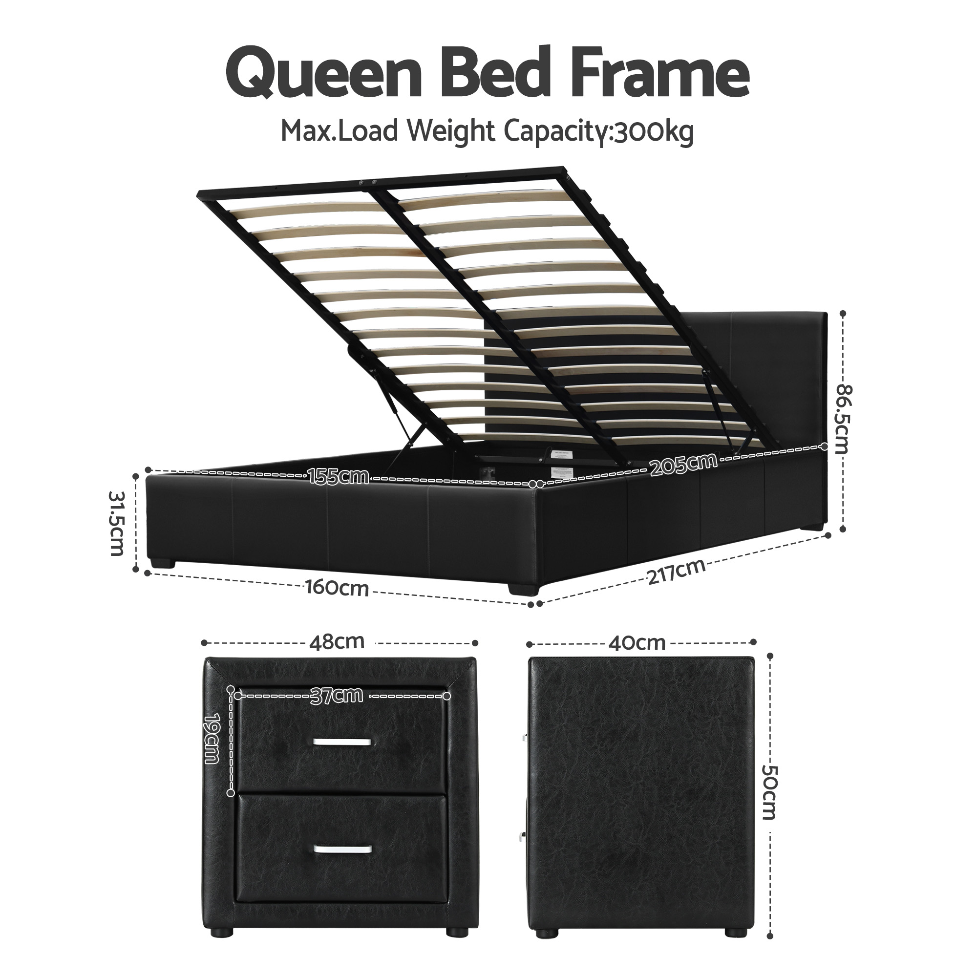 Artiss Gas Lift Queen Bed Frame and Bedside Table Set Leather Black - Image 2