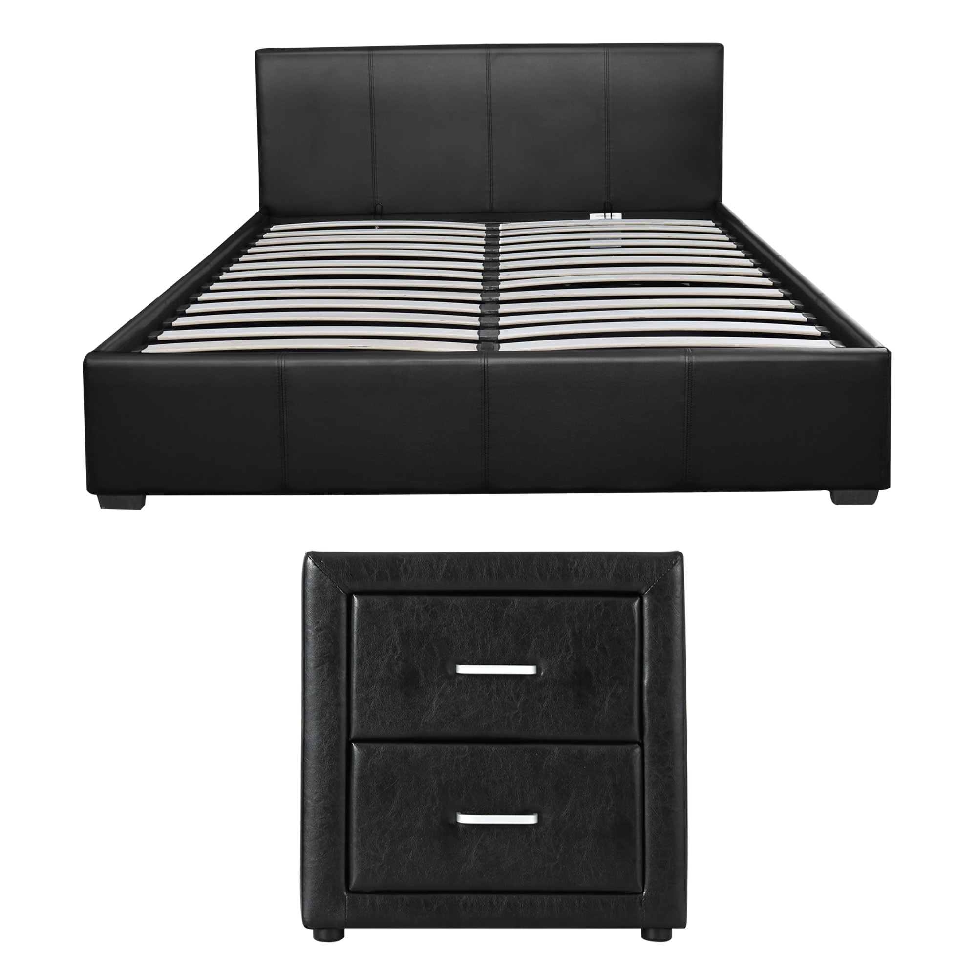 Artiss Gas Lift Queen Bed Frame and Bedside Table Set Leather Black - Image 3