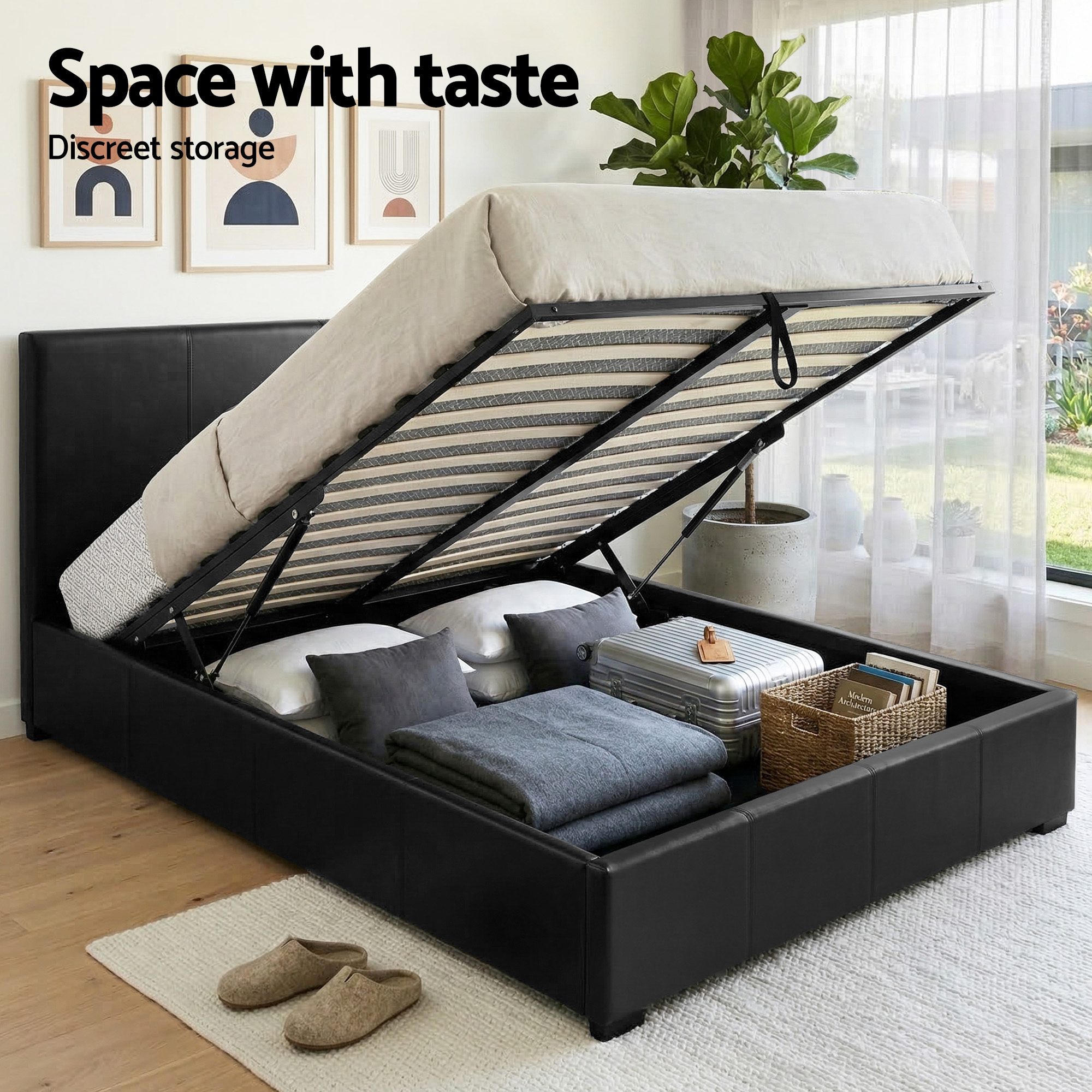 Artiss Gas Lift Queen Bed Frame and Bedside Table Set Leather Black - Image 4