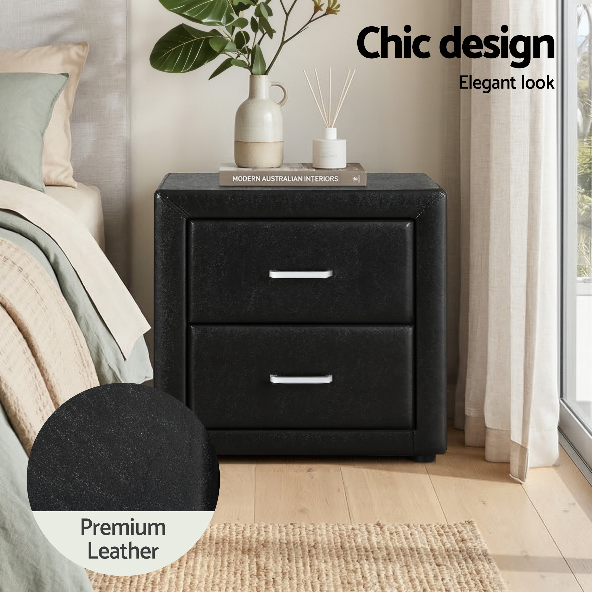 Artiss Gas Lift Queen Bed Frame and Bedside Table Set Leather Black - Image 7