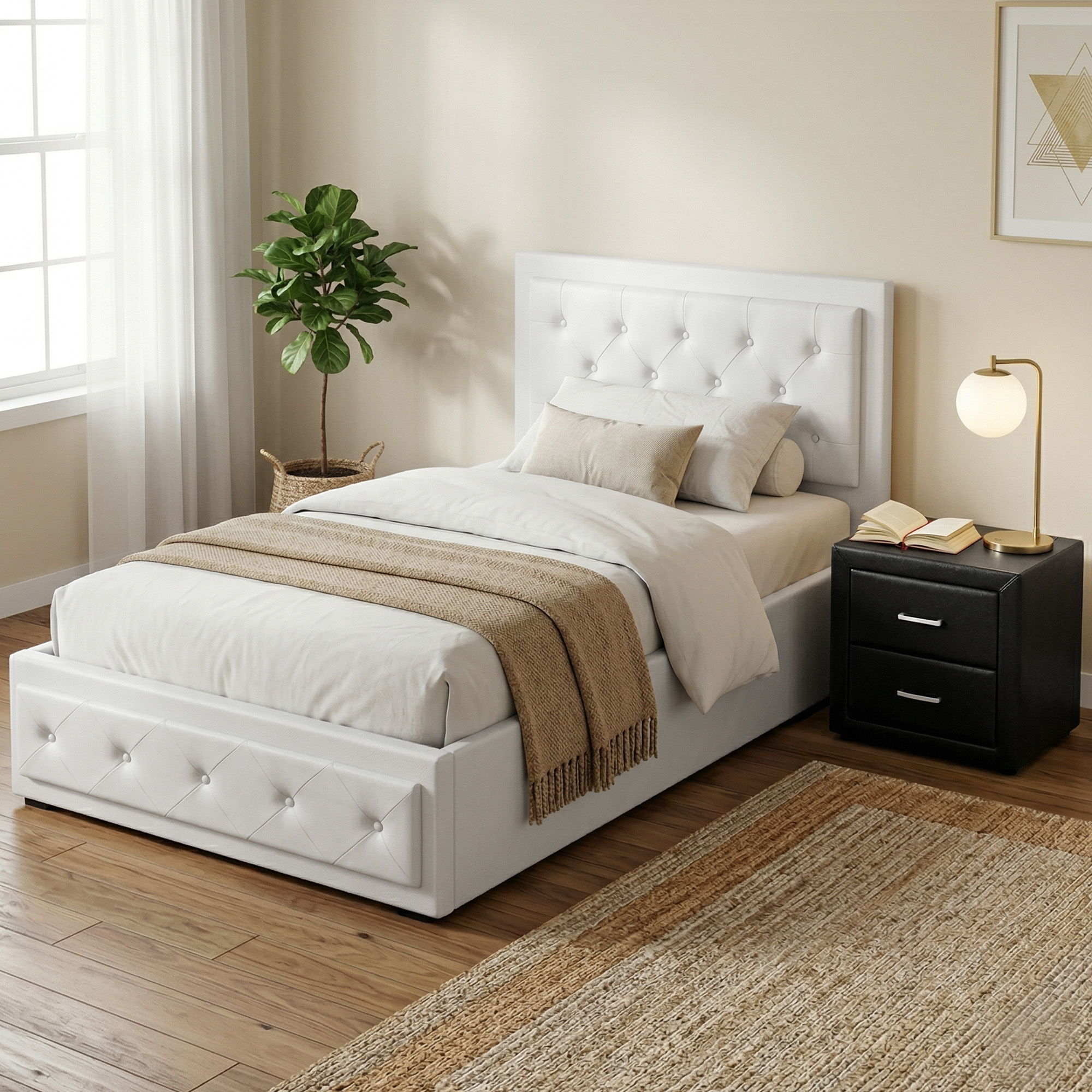Artiss King Single Bed Frame Storage White Leather Gas Lift Bed Black Bedside Table Set - Image 1