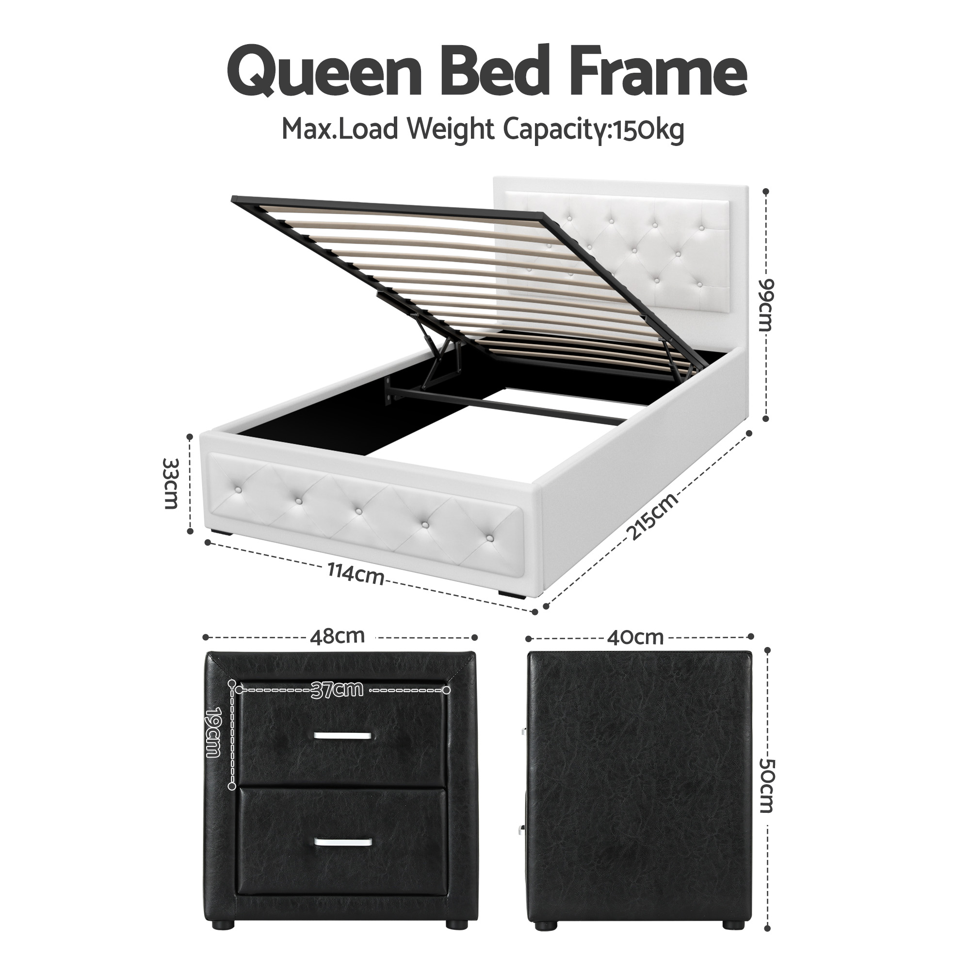 Artiss King Single Bed Frame Storage White Leather Gas Lift Bed Black Bedside Table Set - Image 2