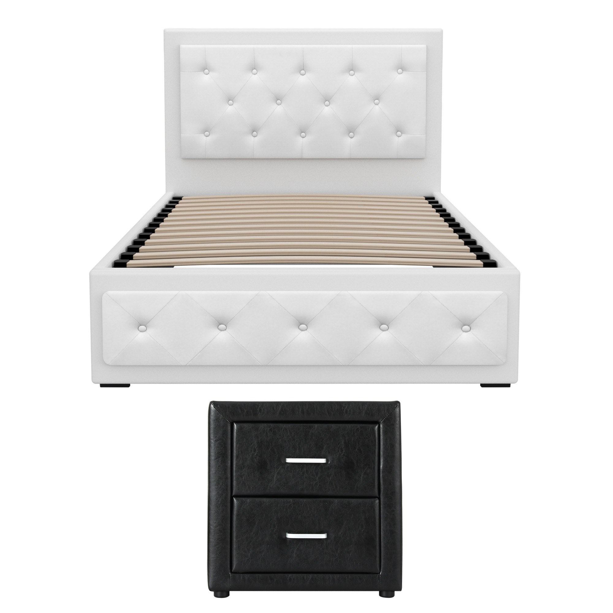 Artiss King Single Bed Frame Storage White Leather Gas Lift Bed Black Bedside Table Set - Image 3