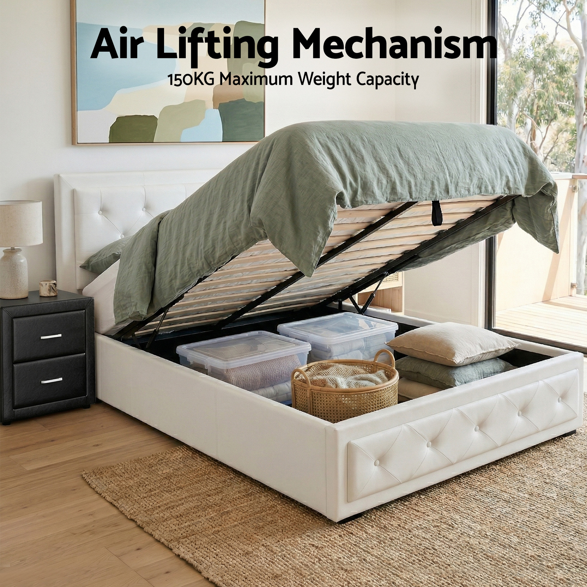 Artiss King Single Bed Frame Storage White Leather Gas Lift Bed Black Bedside Table Set - Image 4