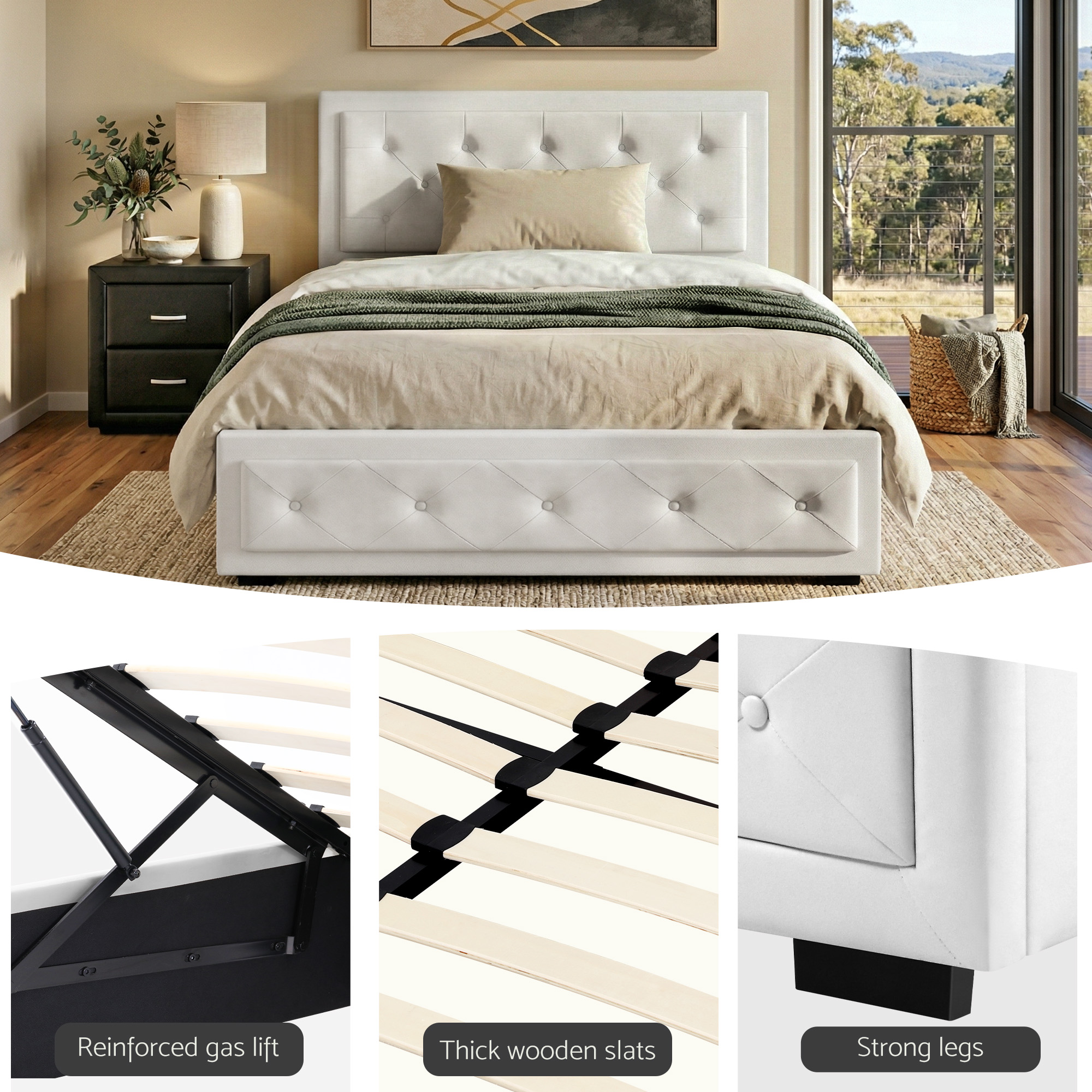 Artiss King Single Bed Frame Storage White Leather Gas Lift Bed Black Bedside Table Set - Image 6