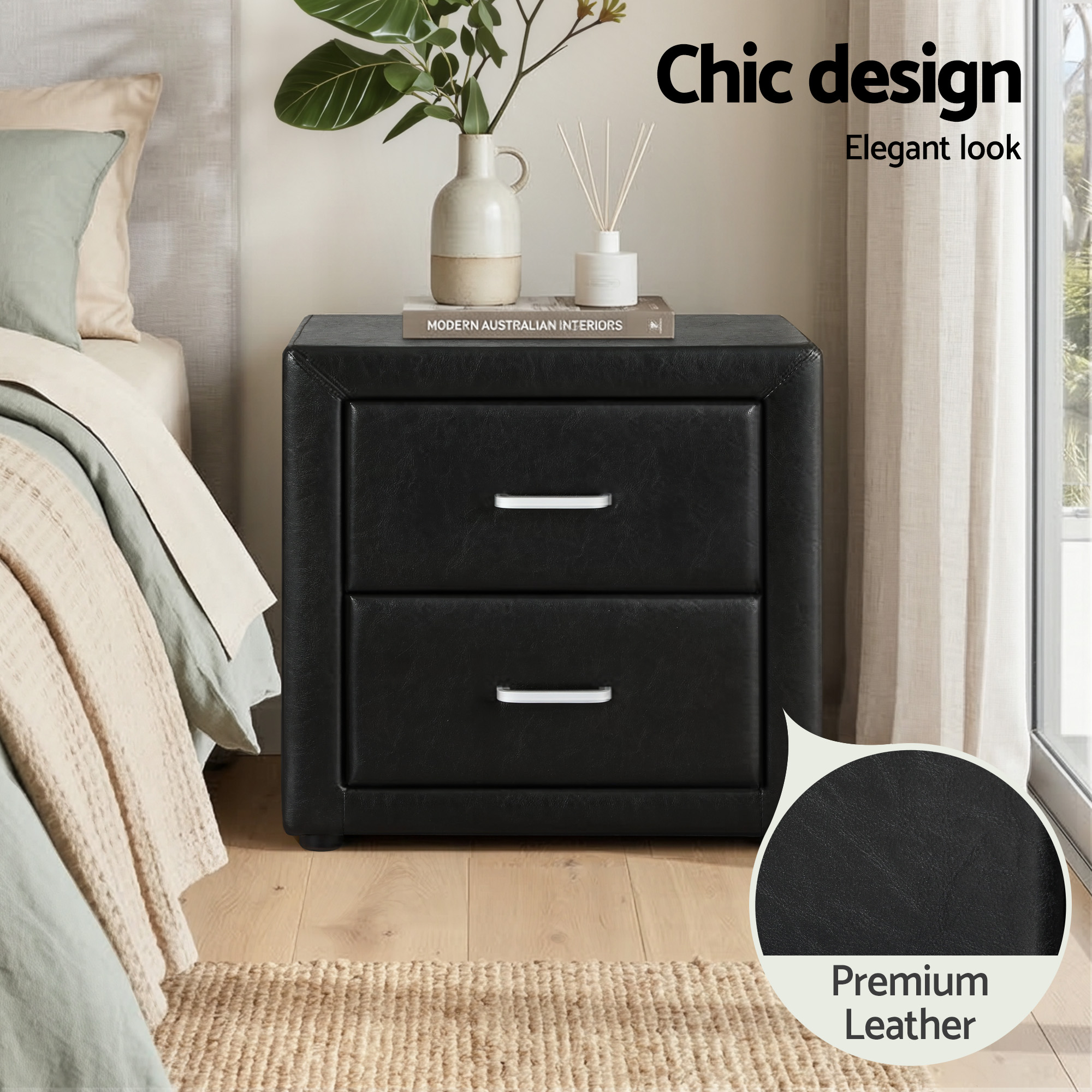 Artiss King Single Bed Frame Storage White Leather Gas Lift Bed Black Bedside Table Set - Image 7