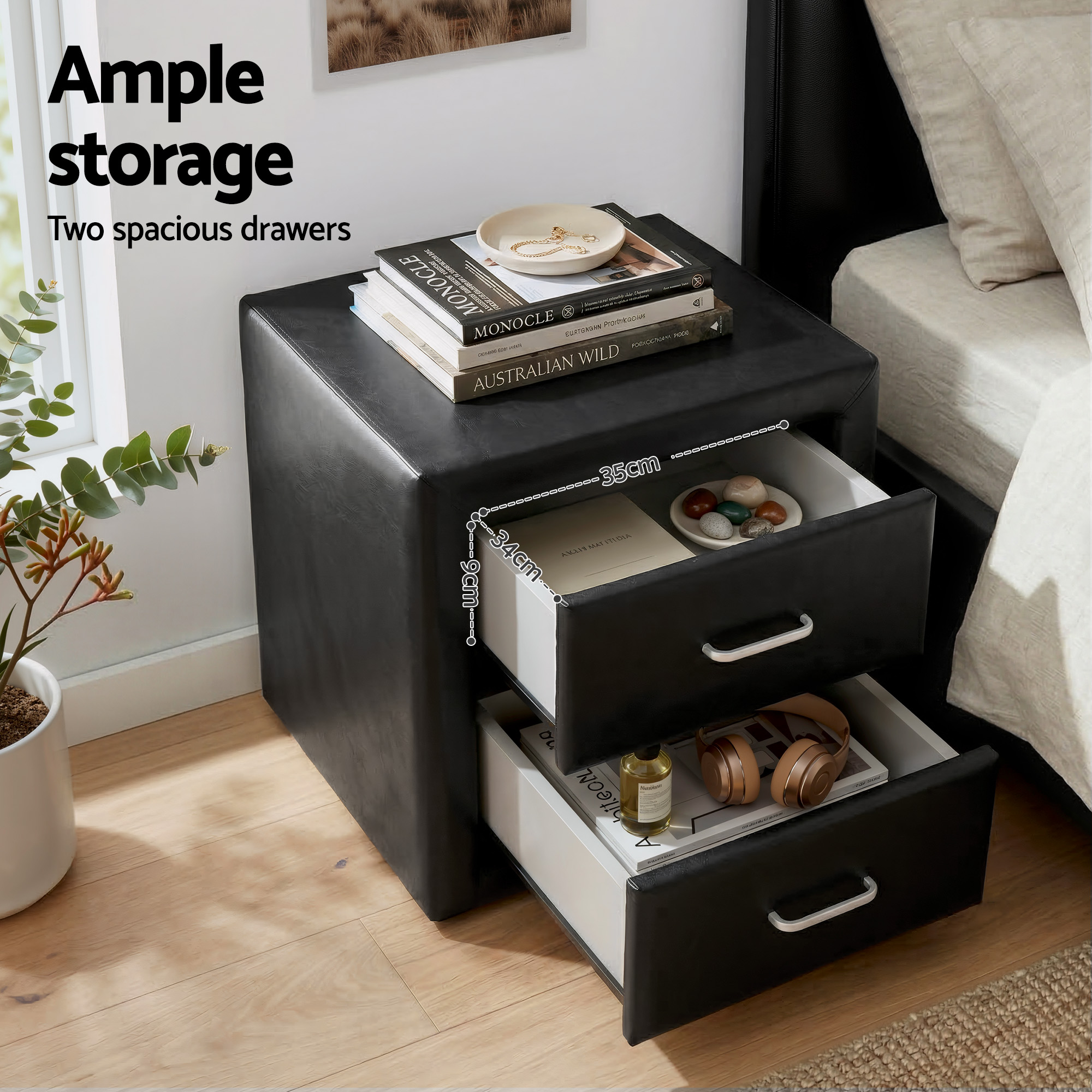 Artiss King Single Bed Frame Storage White Leather Gas Lift Bed Black Bedside Table Set - Image 8