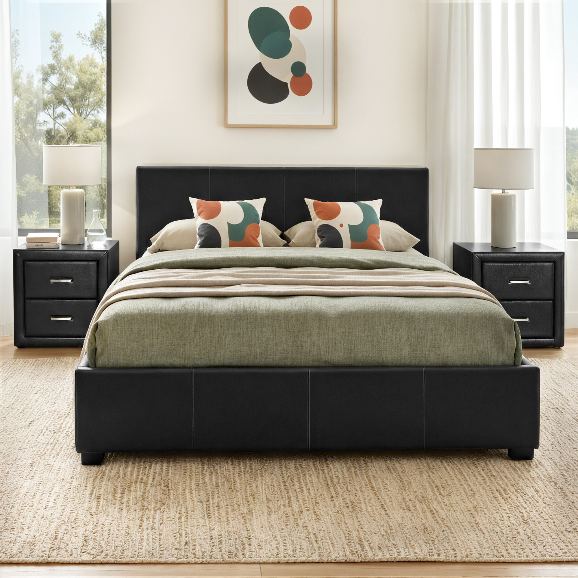 Artiss Gas Lift Queen Bed Frame and 2 Bedside Table Set Leather Black - Image 1
