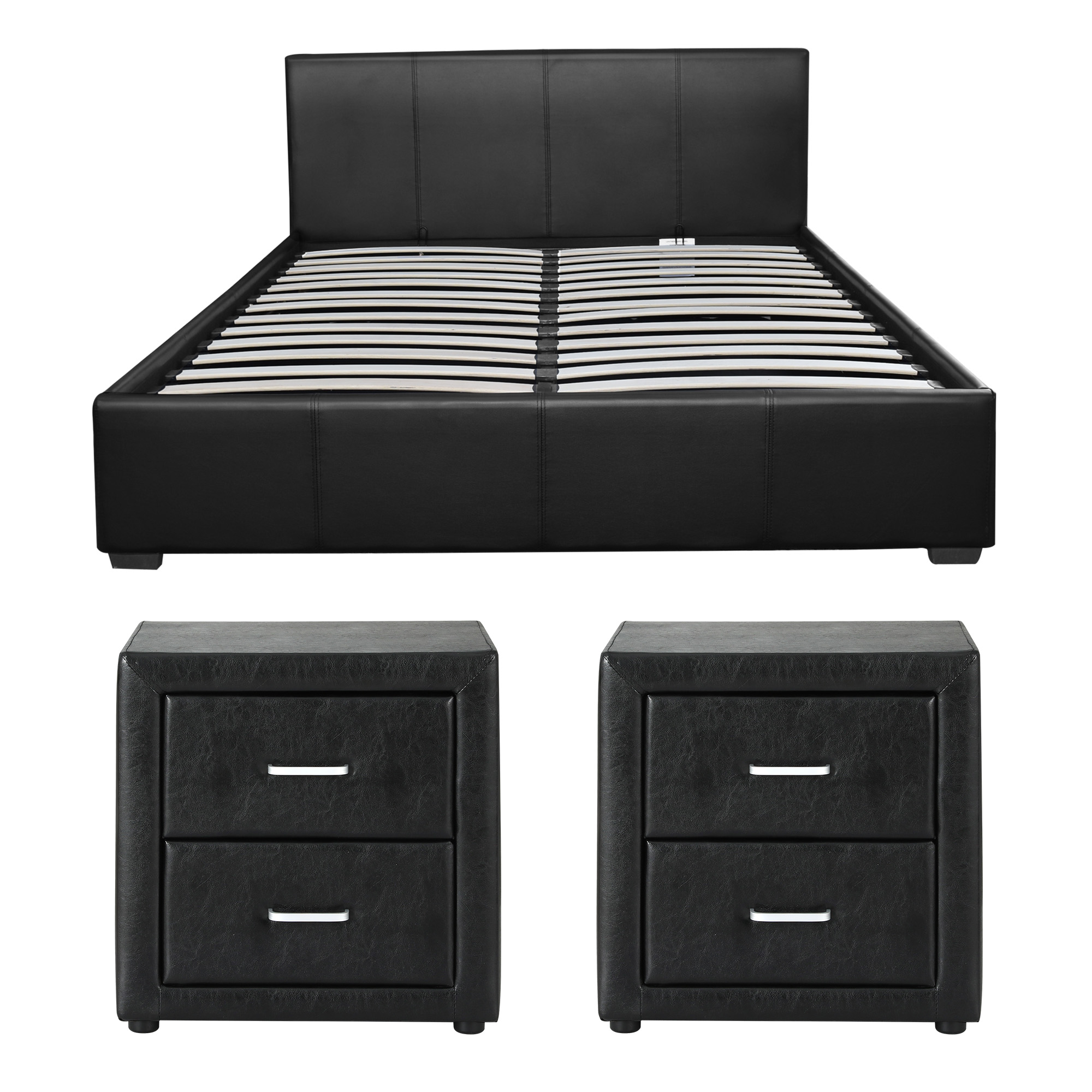 Artiss Gas Lift Queen Bed Frame and 2 Bedside Table Set Leather Black - Image 3