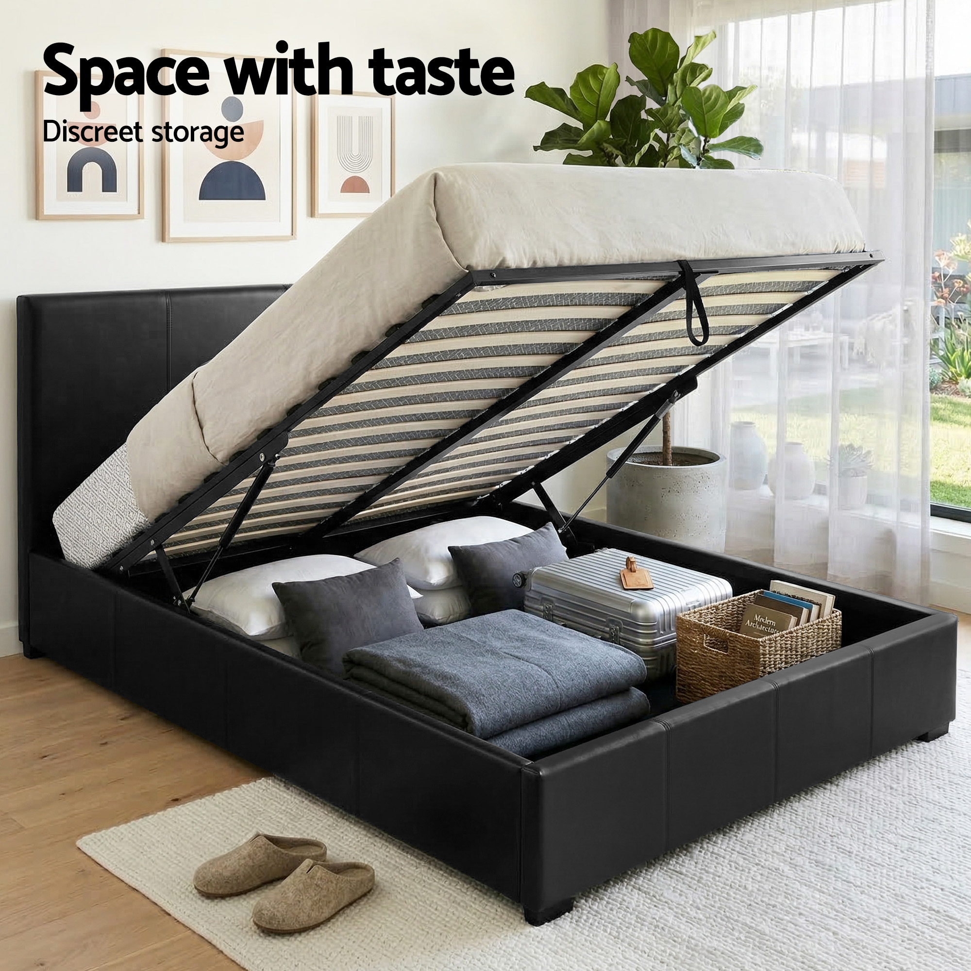 Artiss Gas Lift Queen Bed Frame and 2 Bedside Table Set Leather Black - Image 4