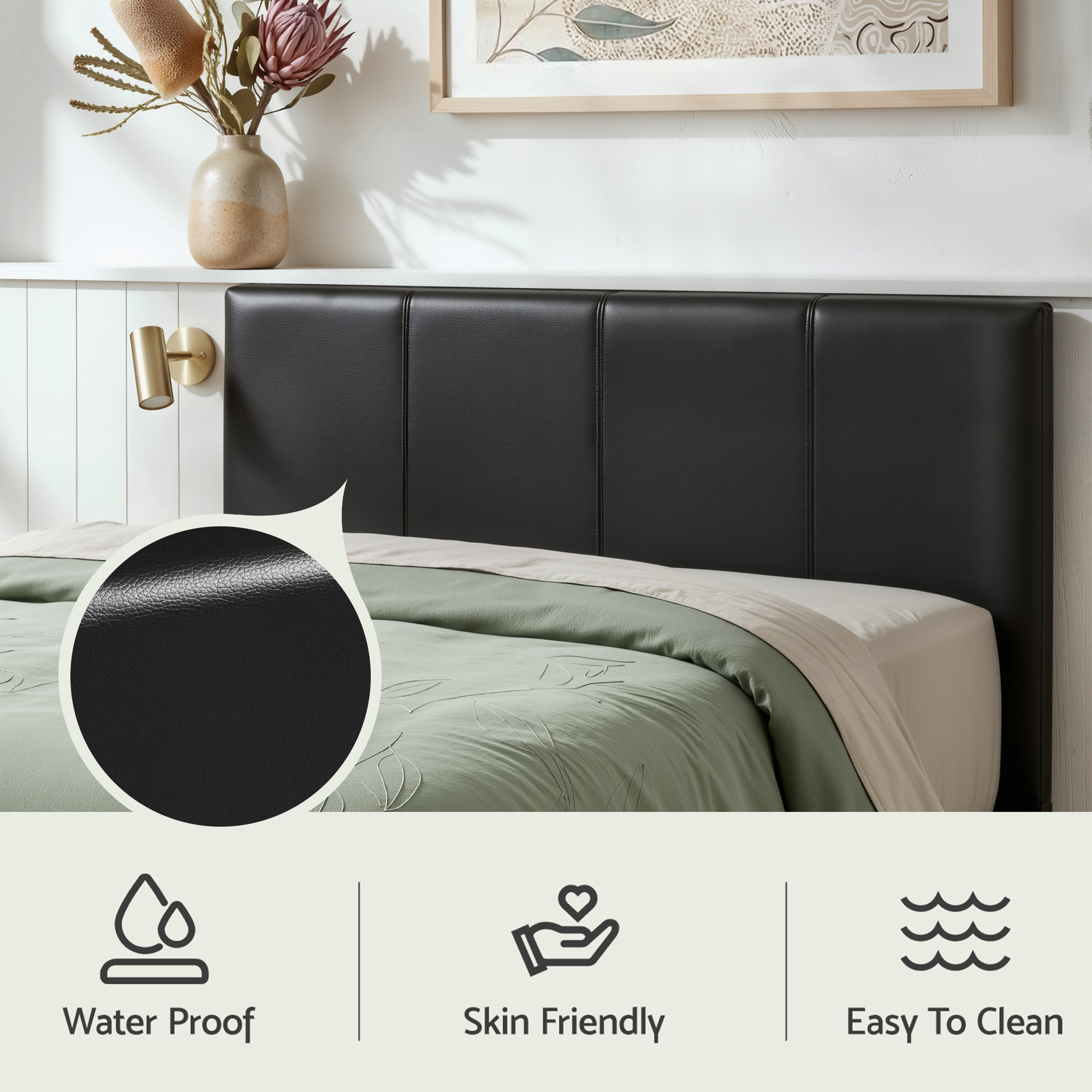 Artiss Gas Lift Queen Bed Frame and 2 Bedside Table Set Leather Black - Image 5