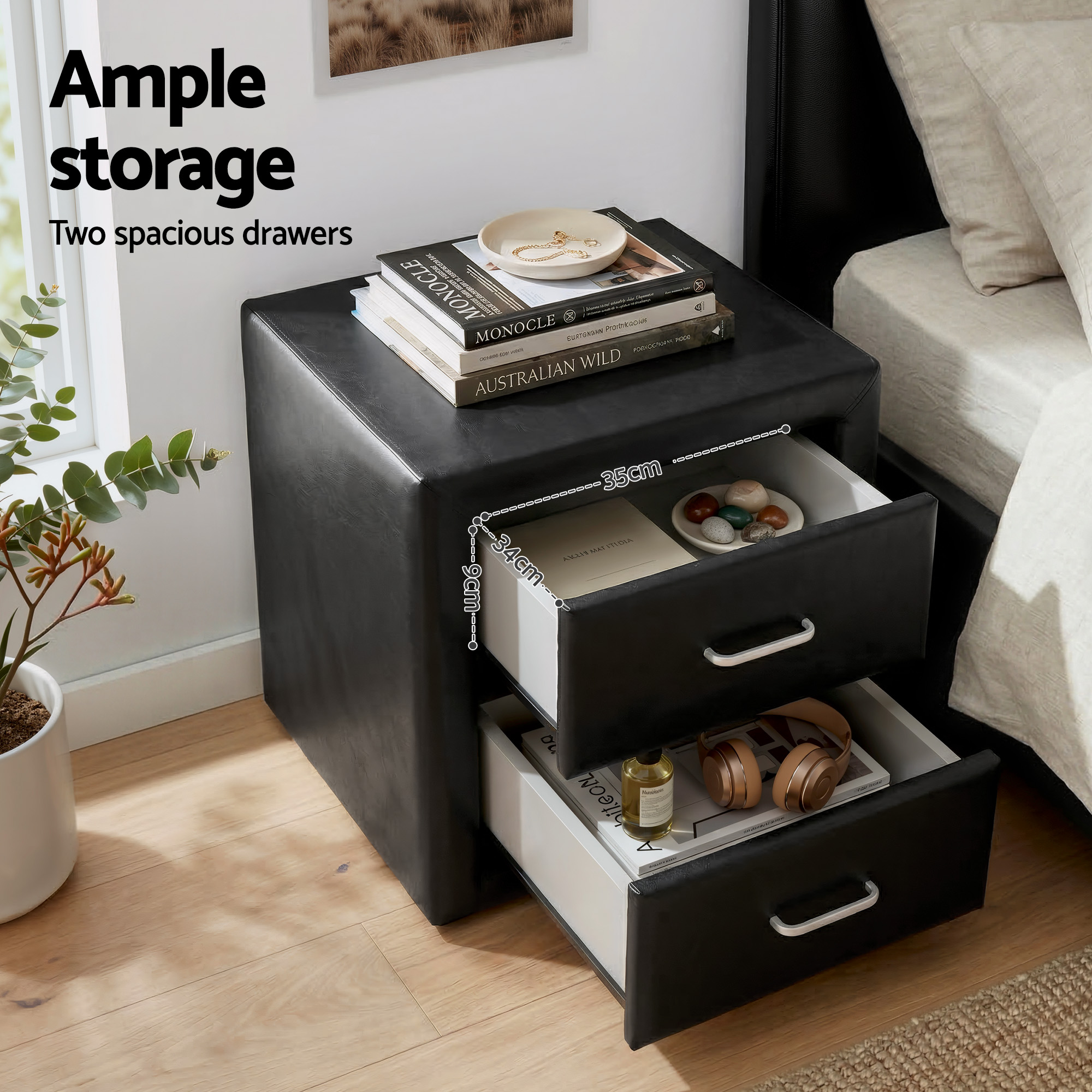 Artiss Gas Lift Queen Bed Frame and 2 Bedside Table Set Leather Black - Image 8
