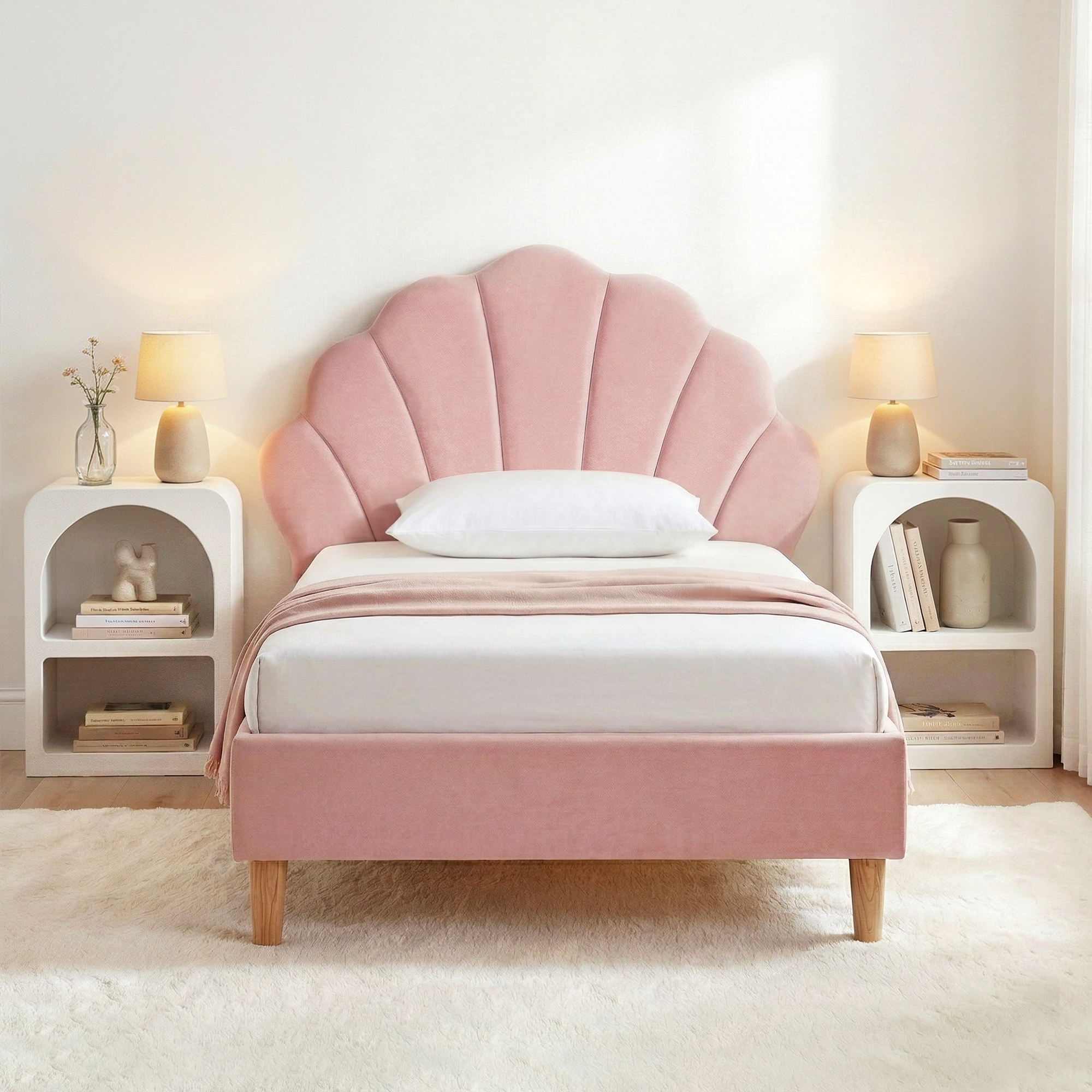 Artiss Bed Frame King Single with 2 Bedside Tables Set Scallop Headboard Pink Velvet Fabric Beds Base - Image 1