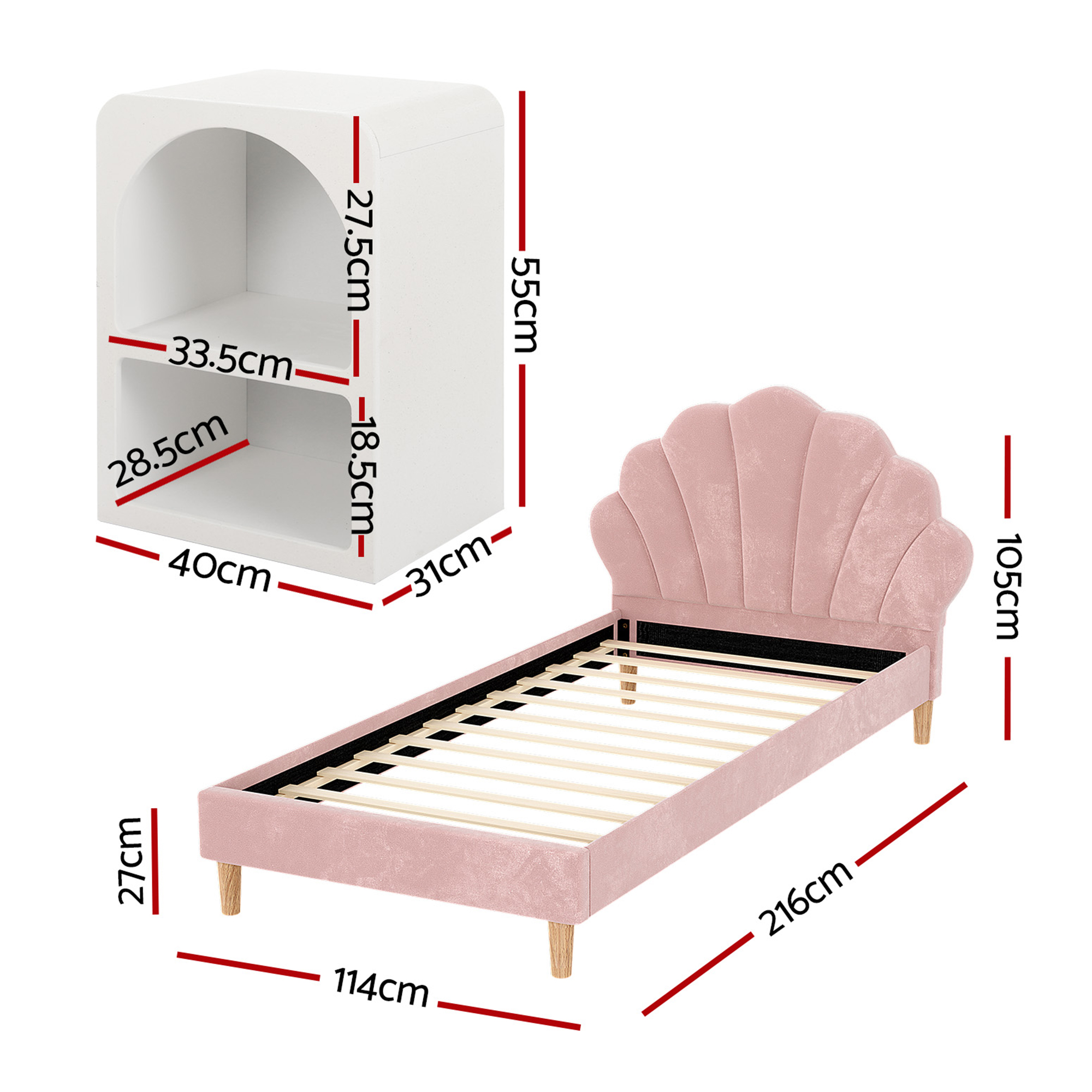 Artiss Bed Frame King Single with 2 Bedside Tables Set Scallop Headboard Pink Velvet Fabric Beds Base - Image 2
