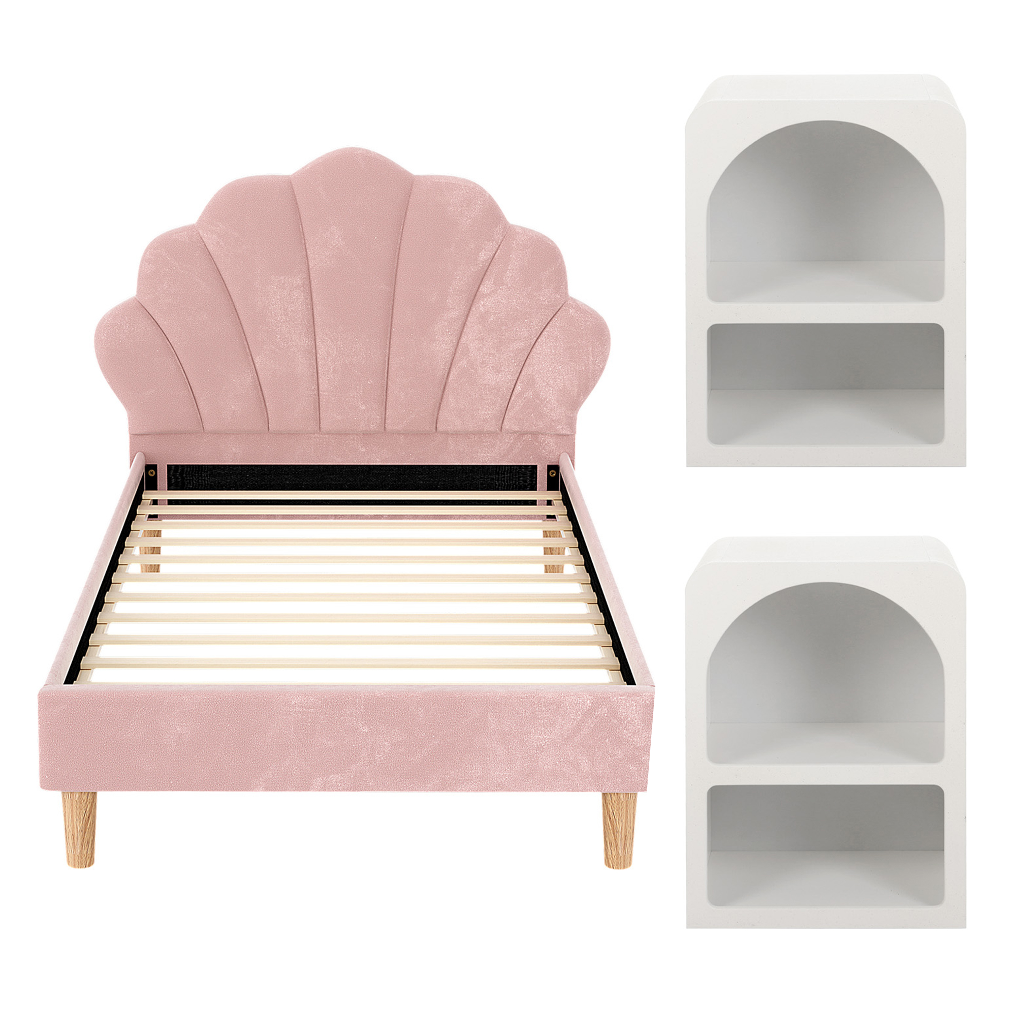 Artiss Bed Frame King Single with 2 Bedside Tables Set Scallop Headboard Pink Velvet Fabric Beds Base - Image 3