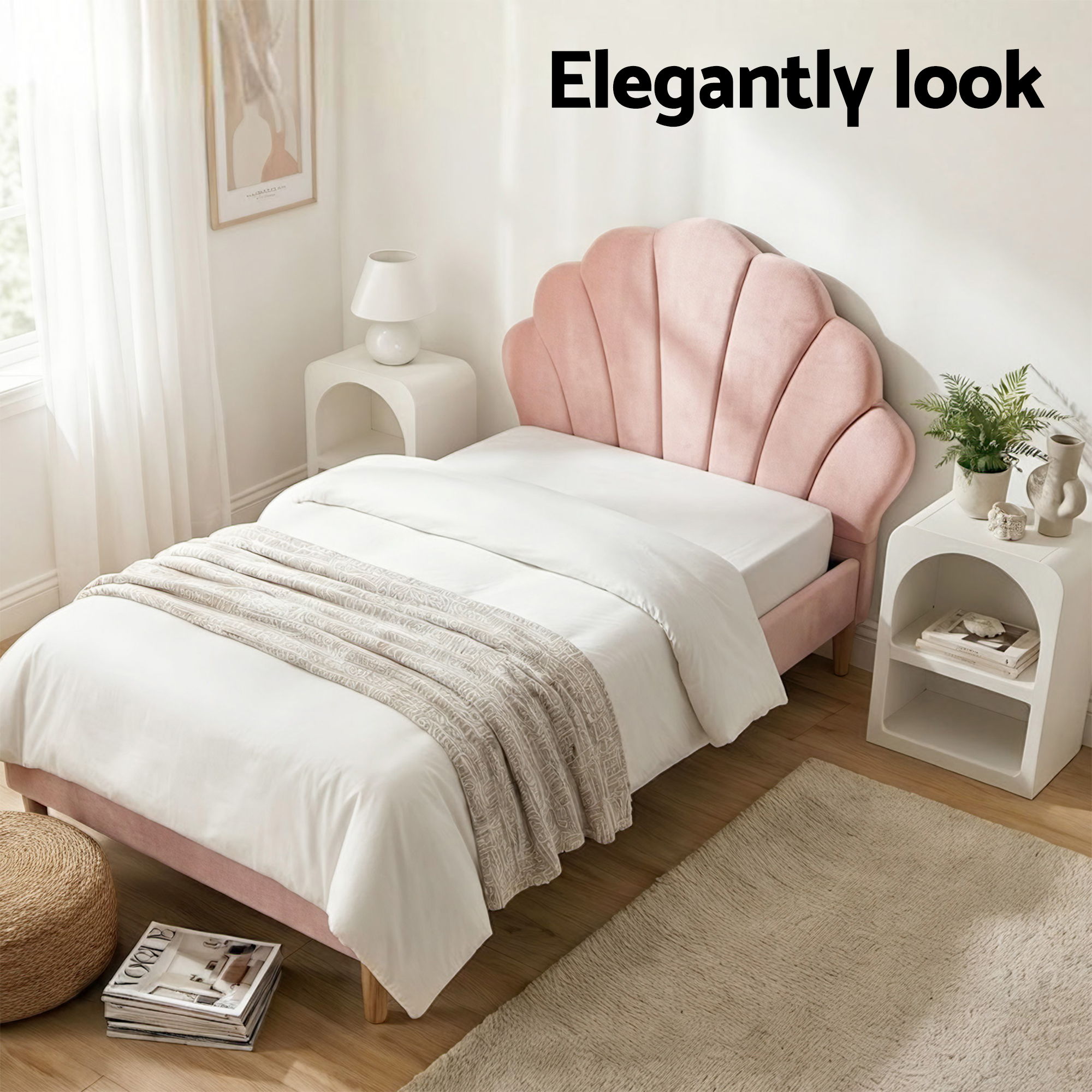 Artiss Bed Frame King Single with 2 Bedside Tables Set Scallop Headboard Pink Velvet Fabric Beds Base - Image 4
