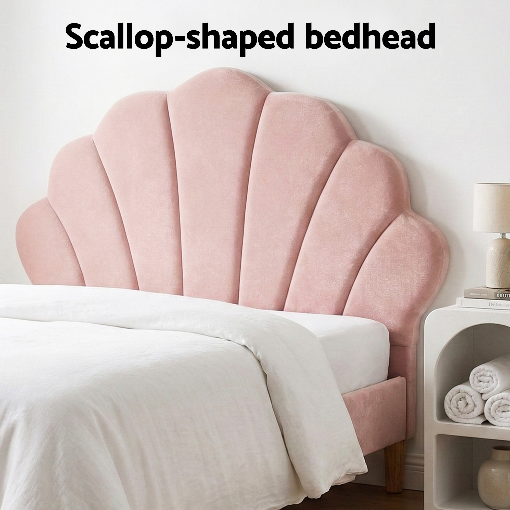 Artiss Bed Frame King Single with 2 Bedside Tables Set Scallop Headboard Pink Velvet Fabric Beds Base - Image 5