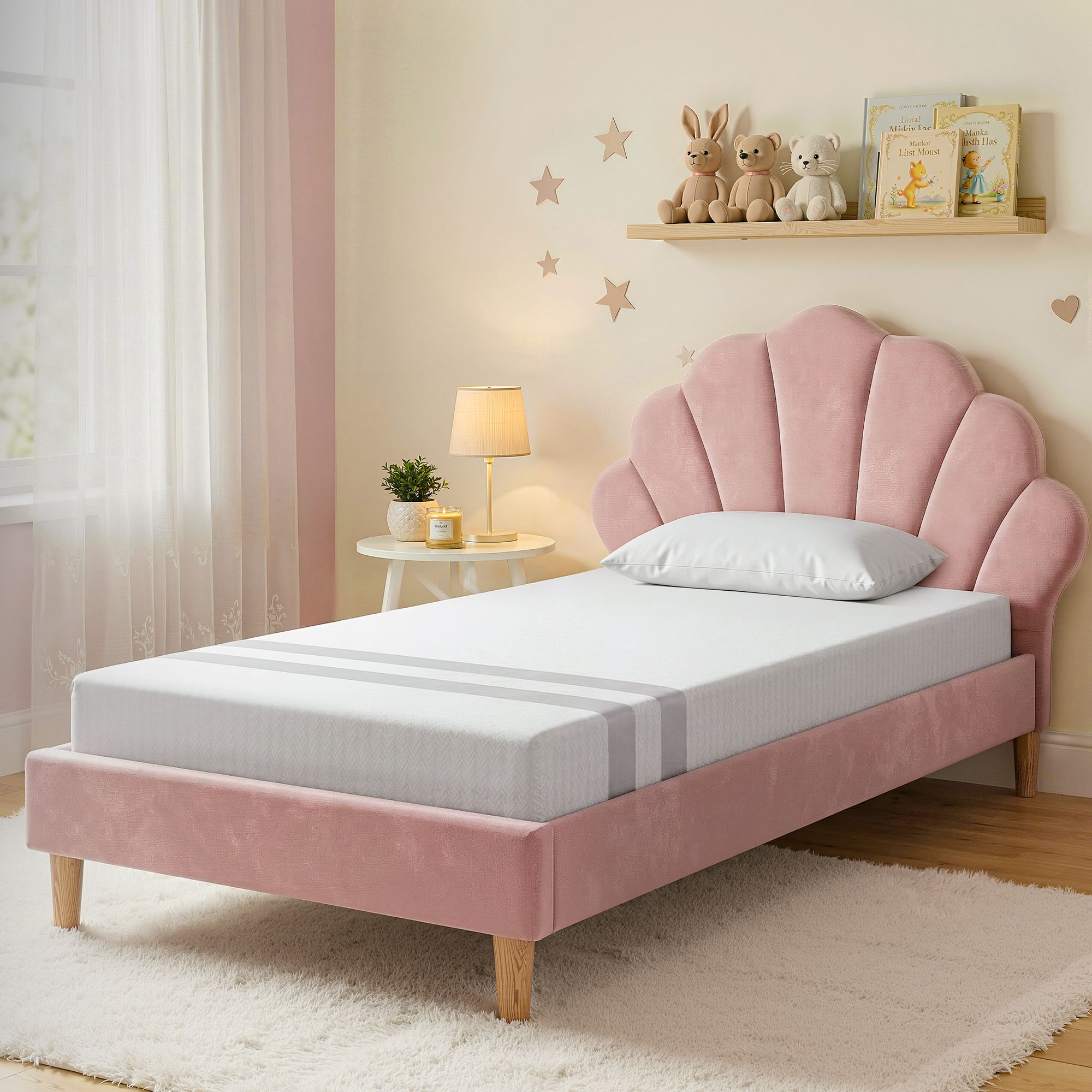 Artiss King Single Bed Frame BedStory Mattress Set Pink Velvet Scallop Bedhead with 20cm Mattress - Image 1