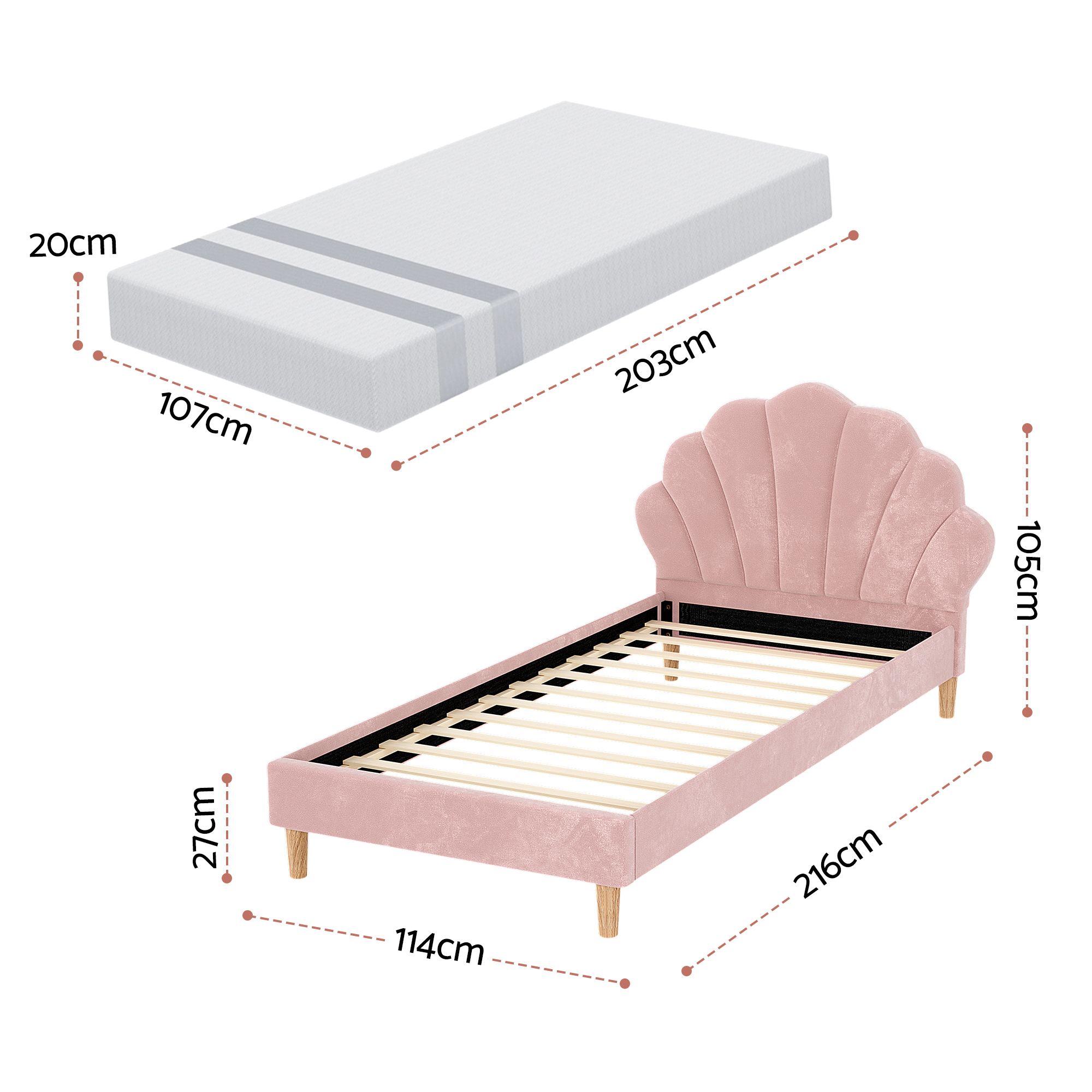 Artiss King Single Bed Frame BedStory Mattress Set Pink Velvet Scallop Bedhead with 20cm Mattress - Image 3
