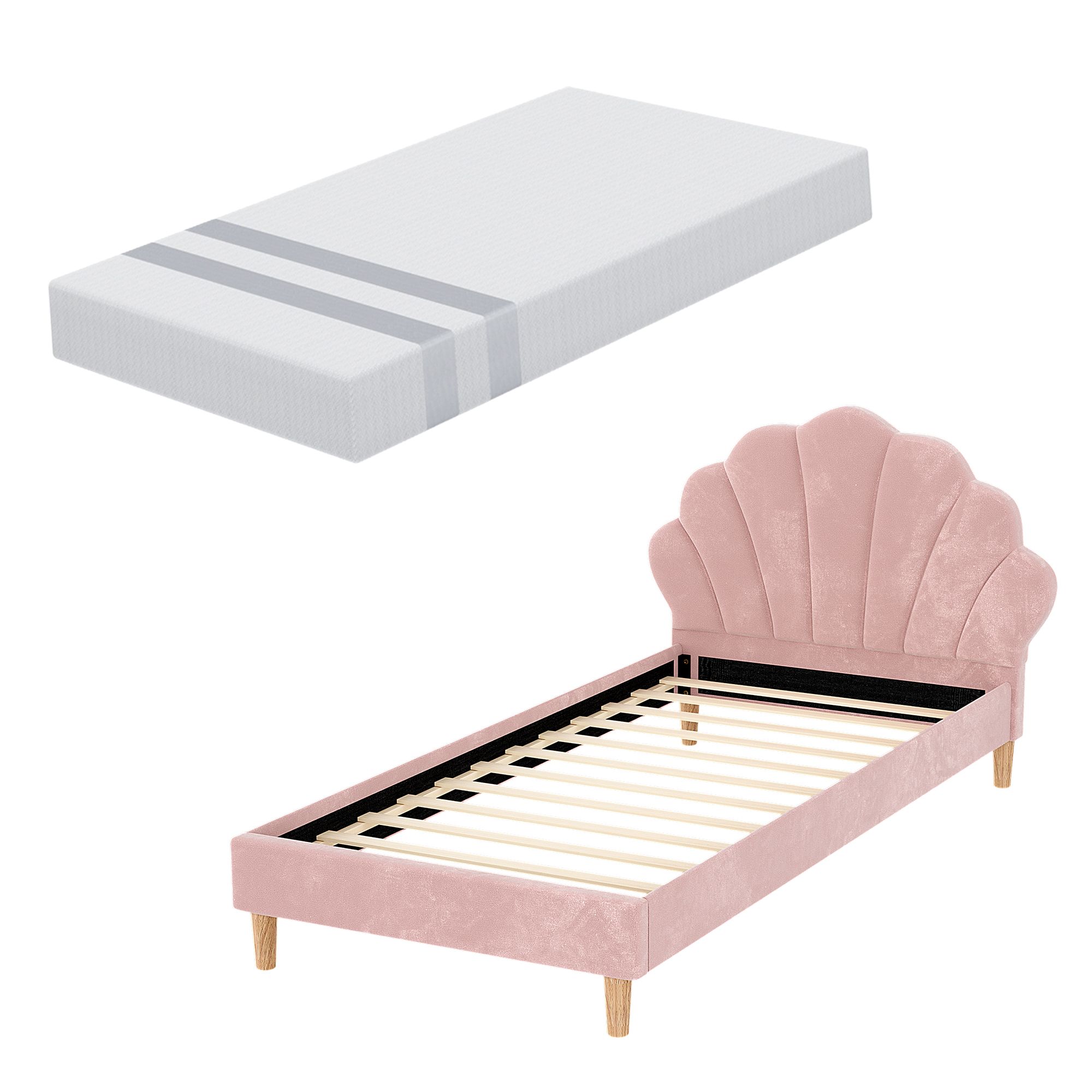 Artiss King Single Bed Frame BedStory Mattress Set Pink Velvet Scallop Bedhead with 20cm Mattress - Image 4