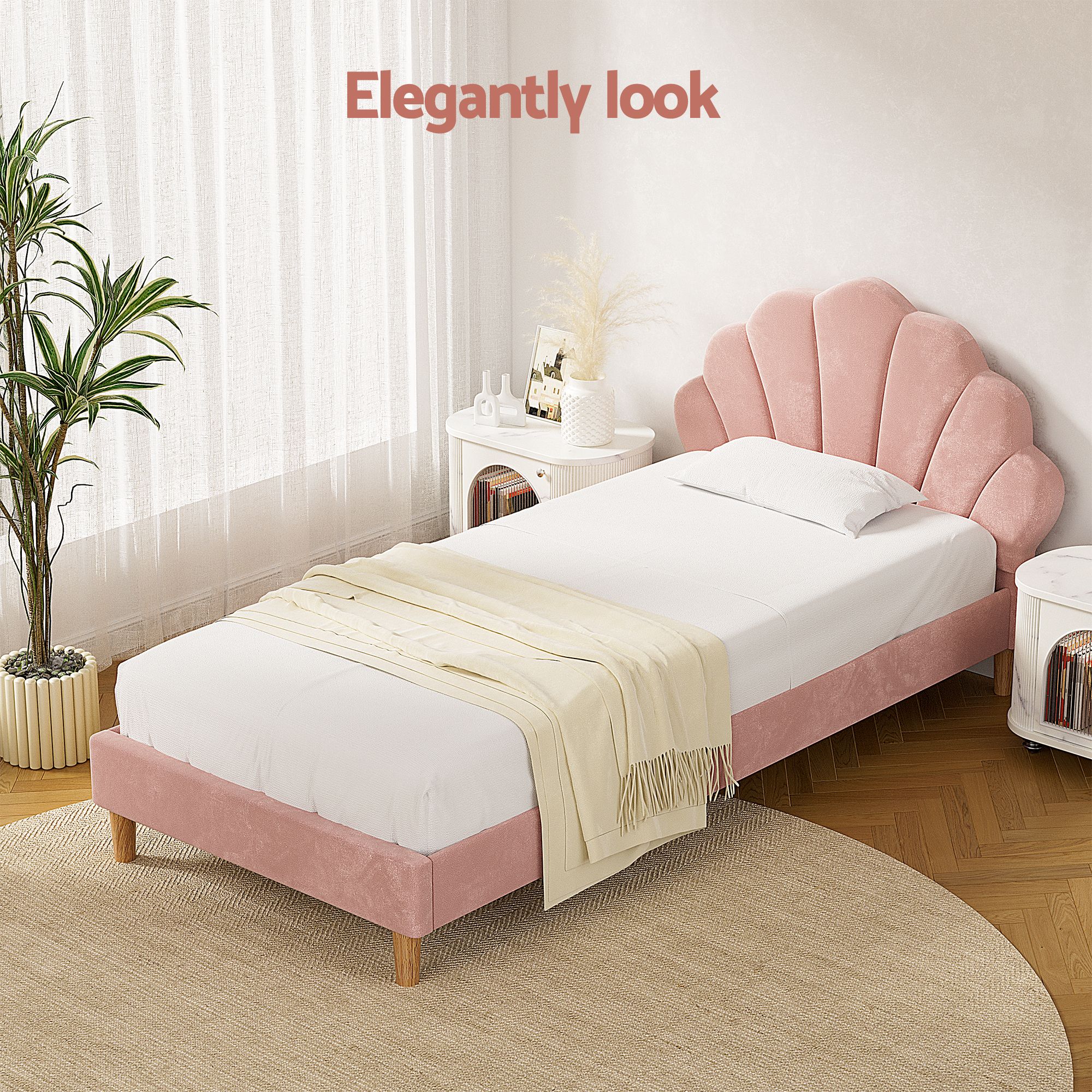 Artiss King Single Bed Frame BedStory Mattress Set Pink Velvet Scallop Bedhead with 20cm Mattress - Image 5